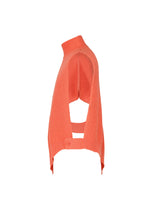 Side view of the WAFER KNIT sleeveless asymmetrical top by HOMME PLISSÉ ISSEY MIYAKE in orange, featuring an open back, high neckline, and a buttoned horizontal strap. Shown against a plain white background.
