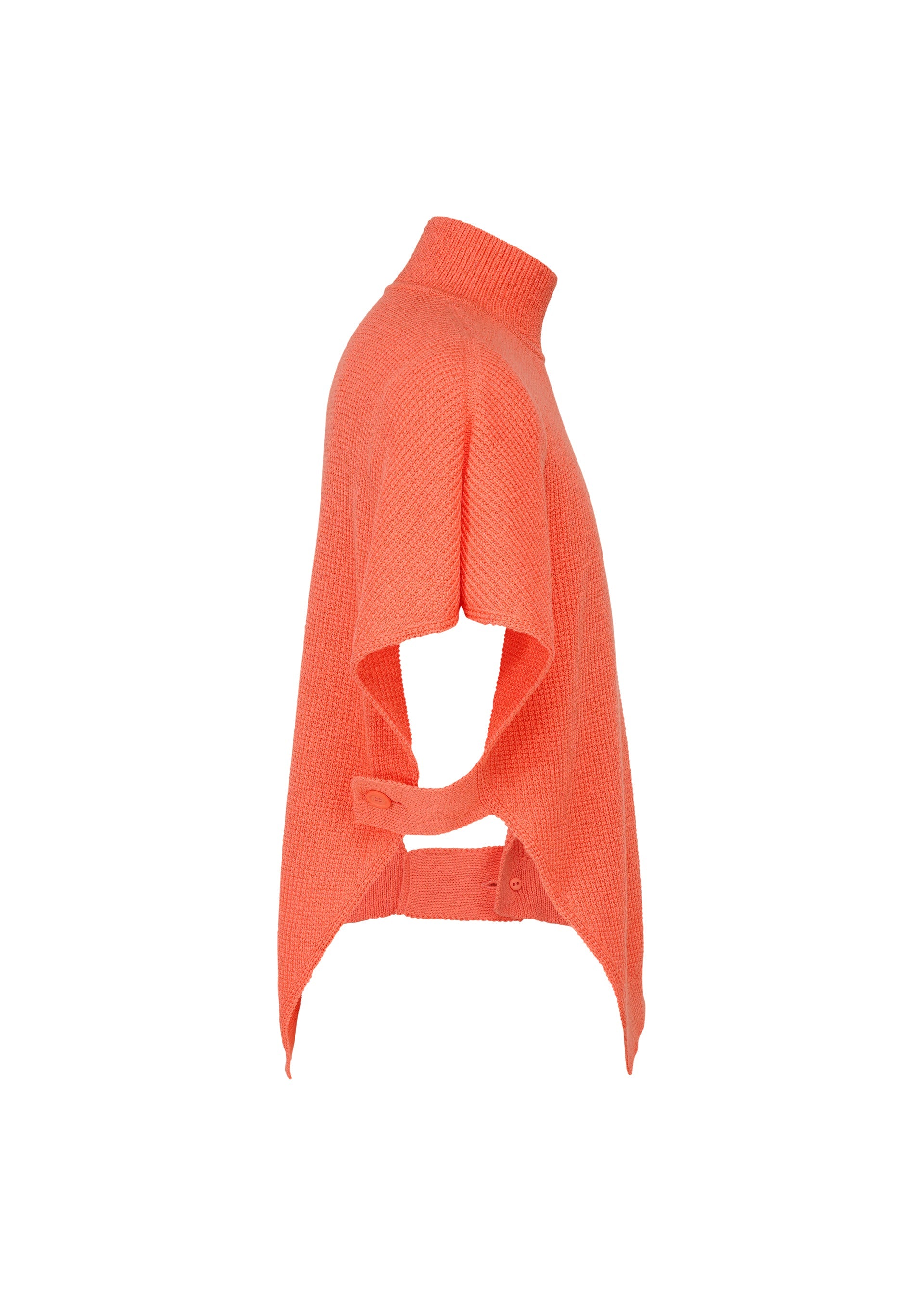 Zoomed view The WAFER KNIT by HOMME PLISSÉ ISSEY MIYAKE is a bright coral asymmetric short-sleeve knit top with a high collar, open front, and waist belt detail—ideal for layering, shown on a white background.