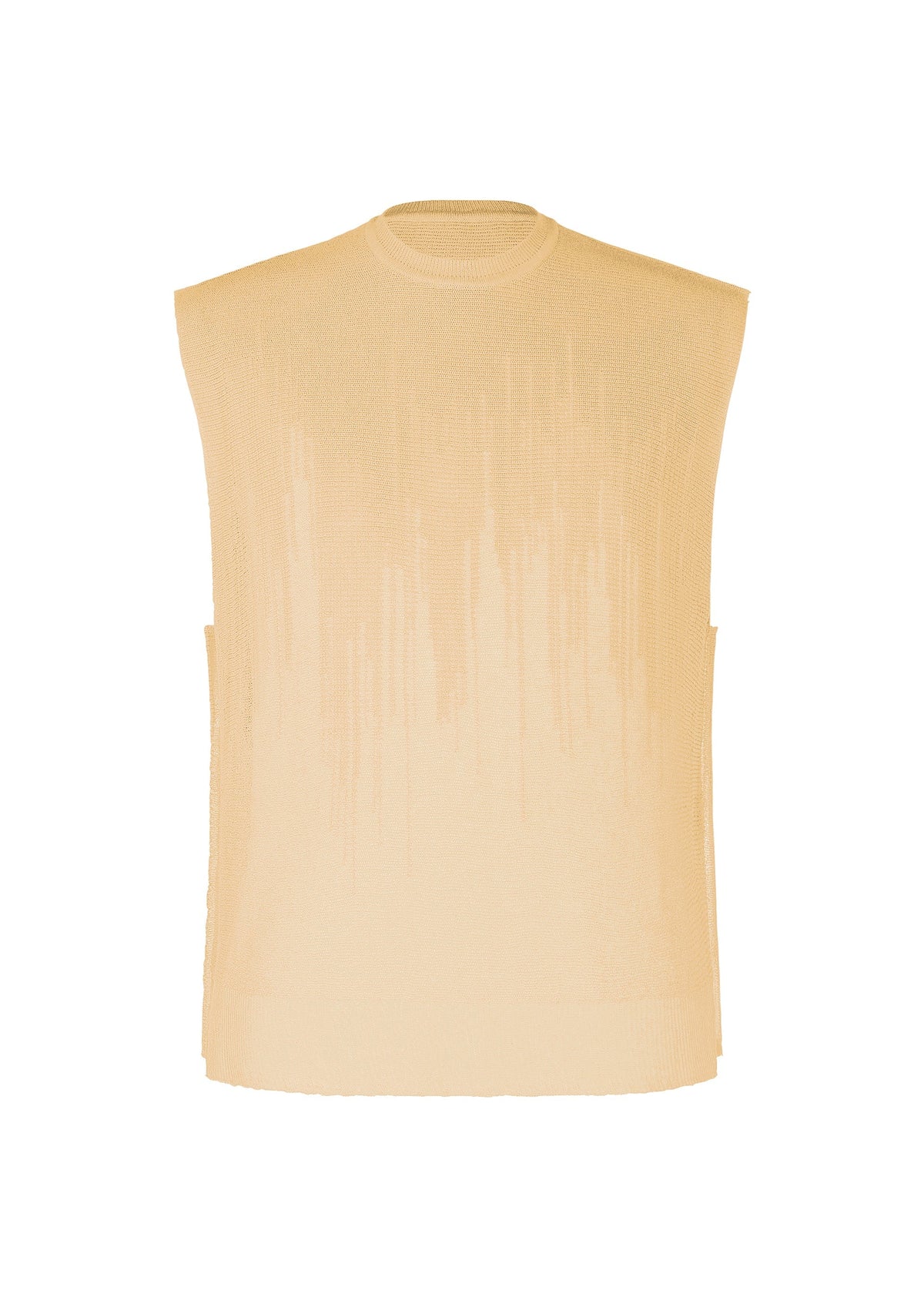 The BRUSH CLOSE-UP KNIT by HOMME PLISSÉ ISSEY MIYAKE is a beige round-neck sleeveless vest, made from extra-long-staple cotton with a subtle vertical textured pattern, shown on a plain white background. view 1 of 7