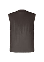 The BRUSH CLOSE-UP KNIT by HOMME PLISSÉ ISSEY MIYAKE is a sleeveless dark brown vest made from extra-long-staple cotton, featuring a round neck and a subtle vertical gradient pattern, shown against a white background. - BROWN （no.44）