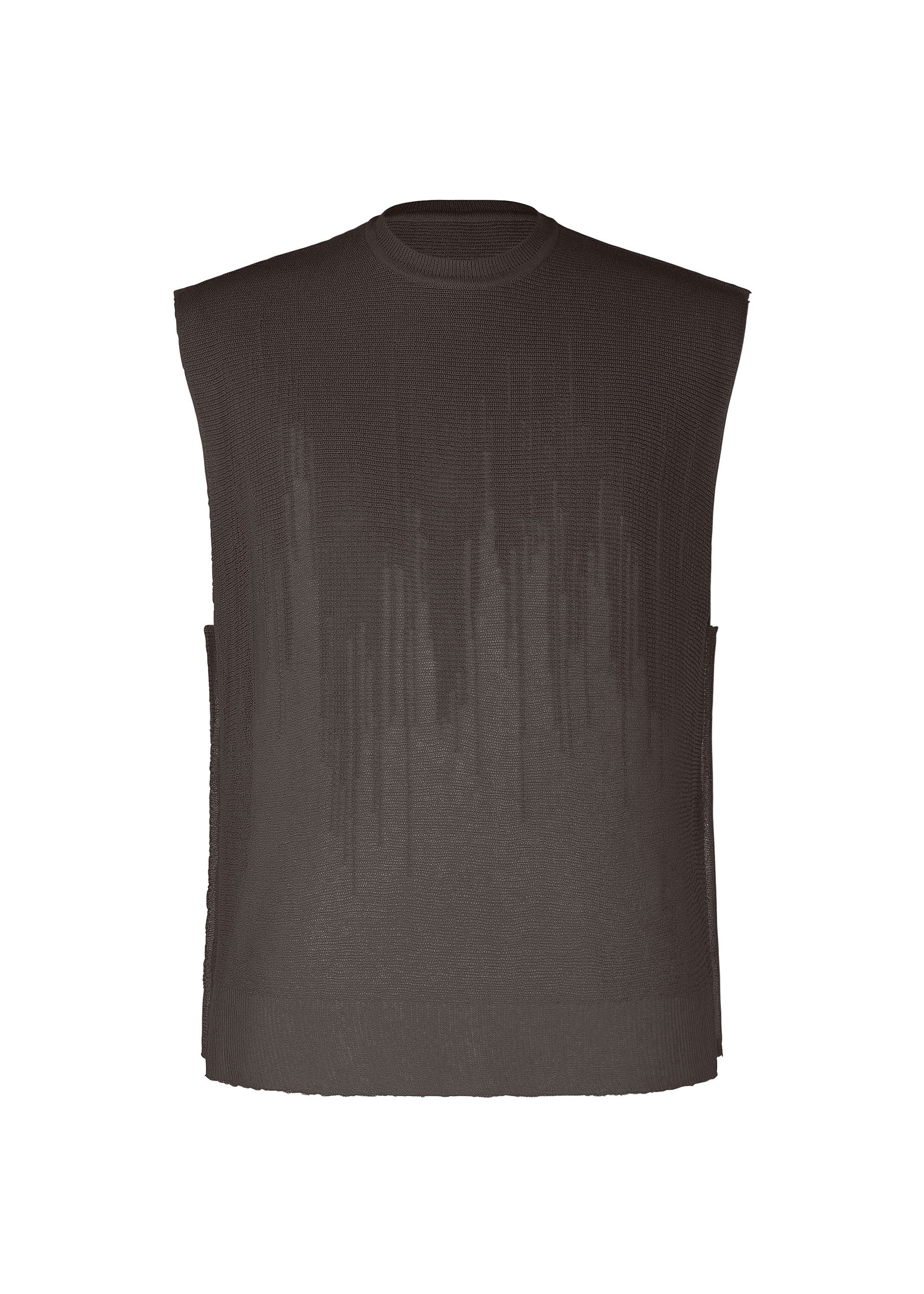 Zoomed view The BRUSH CLOSE-UP KNIT by HOMME PLISSÉ ISSEY MIYAKE is a sleeveless dark brown vest made from extra-long-staple cotton, featuring a round neck and a subtle vertical gradient pattern, shown against a white background. - BROWN （no.44）