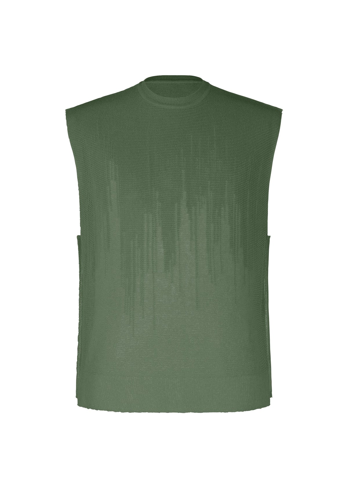 The BRUSH CLOSE-UP KNIT by HOMME PLISSÉ ISSEY MIYAKE is a sleeveless, olive green round-neck vest featuring a subtle vertical textured pattern, crafted from extra-long-staple cotton and shown against a white background. view 3 of 7