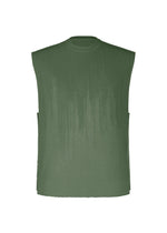 The BRUSH CLOSE-UP KNIT by HOMME PLISSÉ ISSEY MIYAKE is a sleeveless, olive green round-neck vest featuring a subtle vertical textured pattern, crafted from extra-long-staple cotton and shown against a white background. - GREEN （no.62）