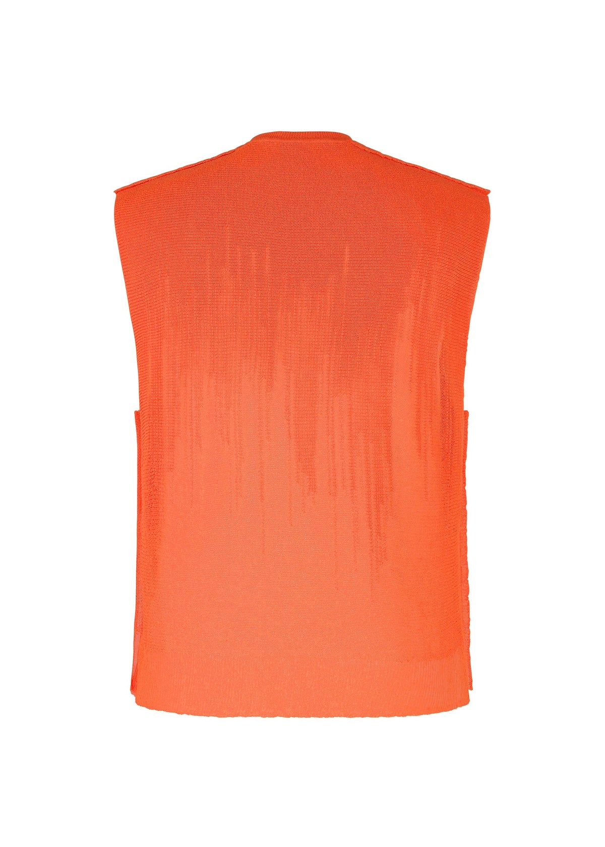 The BRUSH CLOSE-UP KNIT by HOMME PLISSÉ ISSEY MIYAKE is a sleeveless orange vest with a back view showcasing a subtle textured gradient. Made from extra-long-staple cotton, it has a round neck, straight hem, and no visible fastenings. view 4 of 7