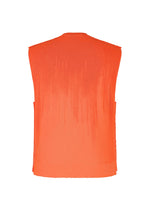 The BRUSH CLOSE-UP KNIT by HOMME PLISSÉ ISSEY MIYAKE is a sleeveless orange vest with a back view showcasing a subtle textured gradient. Made from extra-long-staple cotton, it has a round neck, straight hem, and no visible fastenings.