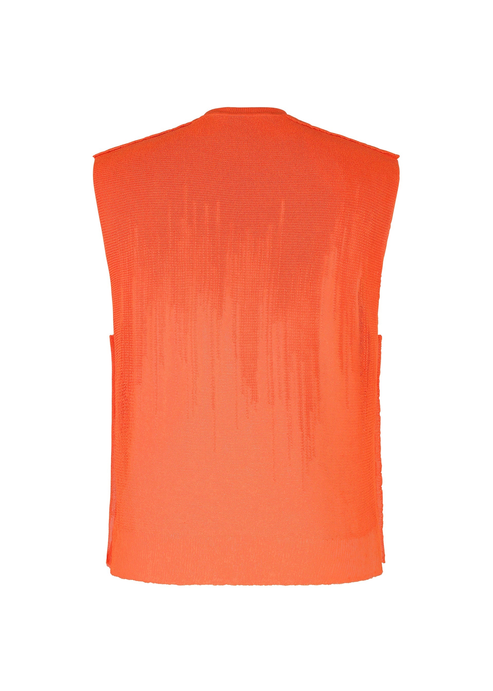 Zoomed view The BRUSH CLOSE-UP KNIT by HOMME PLISSÉ ISSEY MIYAKE is a sleeveless orange vest with a back view showcasing a subtle textured gradient. Made from extra-long-staple cotton, it has a round neck, straight hem, and no visible fastenings.