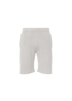Light gray BASIC KNIT shorts by HOMME PLISSÉ ISSEY MIYAKE, featuring a ribbed knit texture, elastic waistband, and raw-edged hems, evoke the brand’s signature minimalist aesthetic and are shown against a white background. - LIGHT GRAY （no.11）