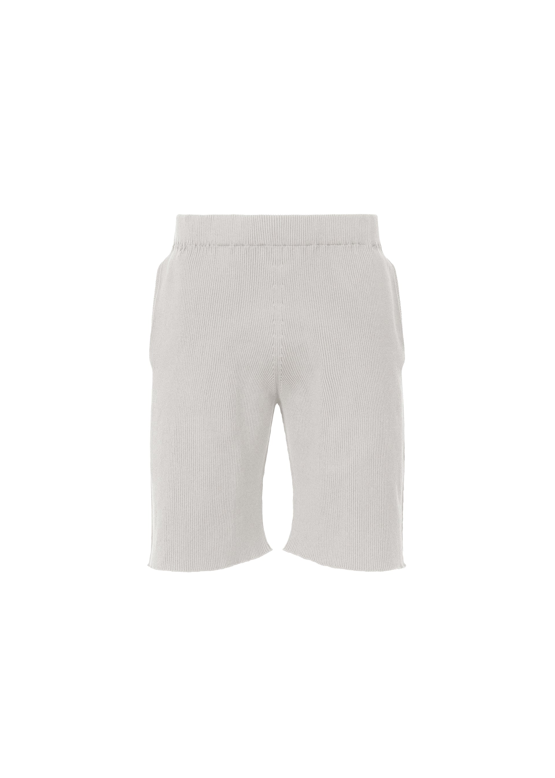 Zoomed view Light gray BASIC KNIT shorts by HOMME PLISSÉ ISSEY MIYAKE, featuring a ribbed knit texture, elastic waistband, and raw-edged hems, evoke the brand’s signature minimalist aesthetic and are shown against a white background. - LIGHT GRAY （no.11）
