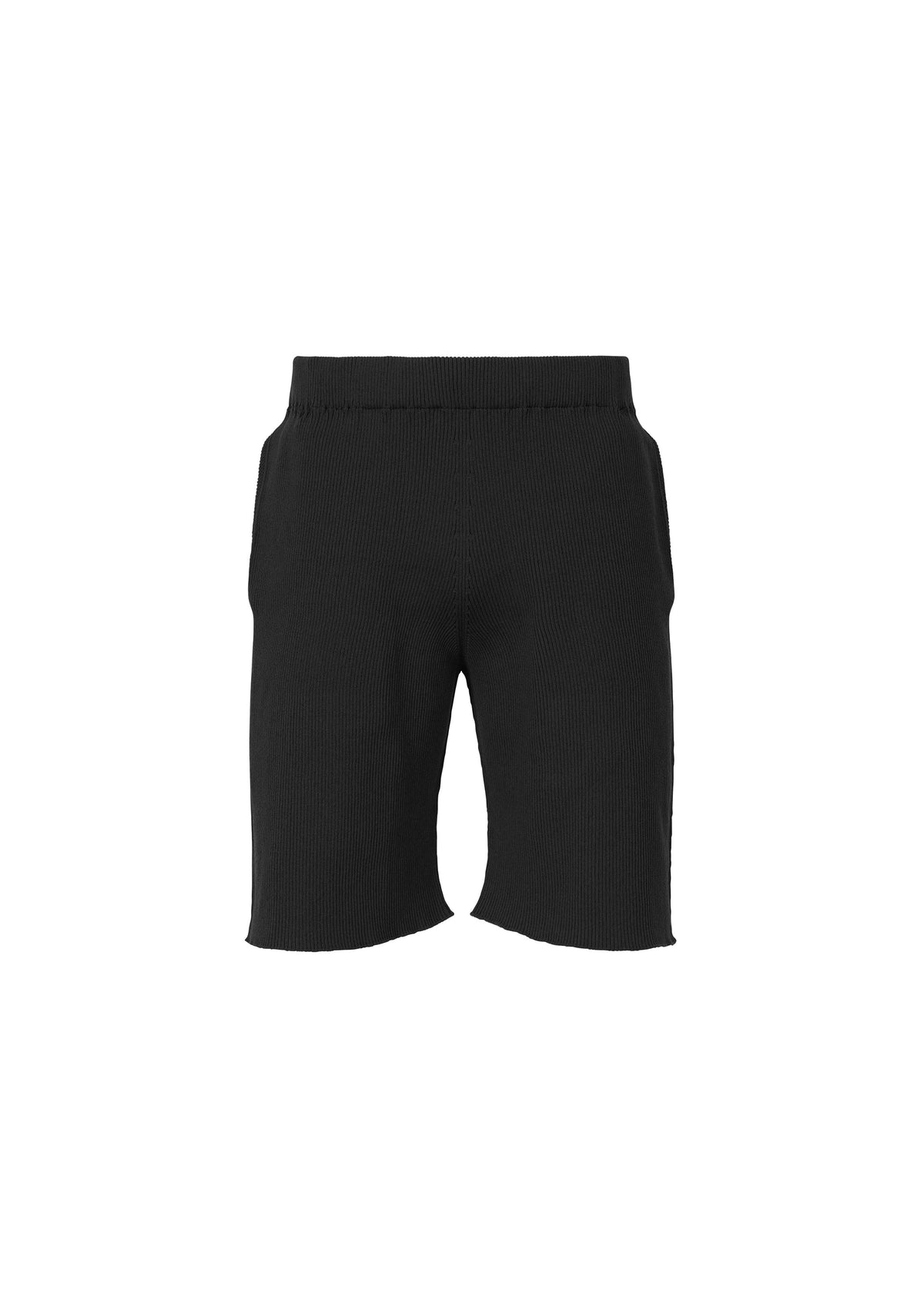 Black BASIC KNIT shorts by HOMME PLISSÉ ISSEY MIYAKE, featuring a ribbed knit texture, elastic waistband, and two side pockets, shown from the front on a white background—capturing the sleek minimalism of pleated jersey design. view 2 of 6