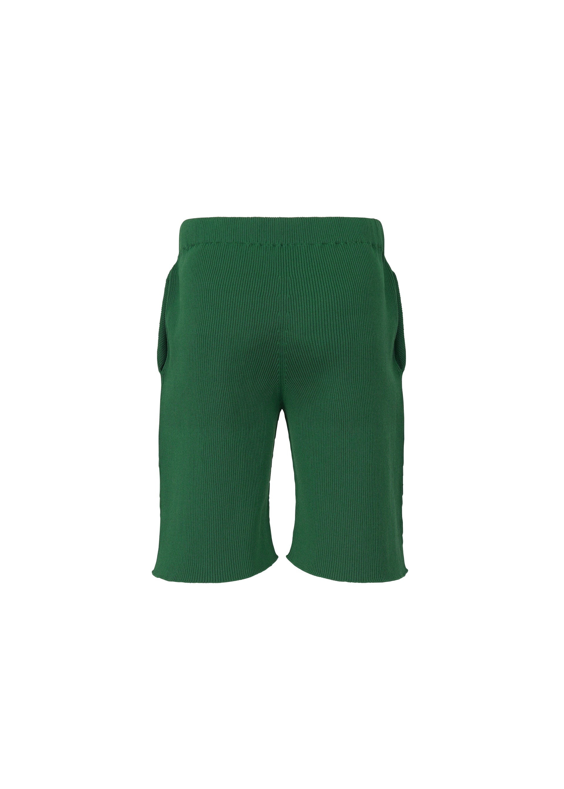 Zoomed view The BASIC KNIT shorts by HOMME PLISSÉ ISSEY MIYAKE are shown from the back, featuring an elastic waistband and two side pockets. Inspired by the pleated jersey shorts signature to the brand, these green knit shorts are displayed against a plain white background.