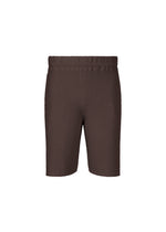 RUSTIC KNIT shorts by HOMME PLISSÉ ISSEY MIYAKE feature a brown waffle-knit texture and elastic waistband. Displayed on a white background, they have a signature look with no visible pockets or logos. - BROWN （no.44）