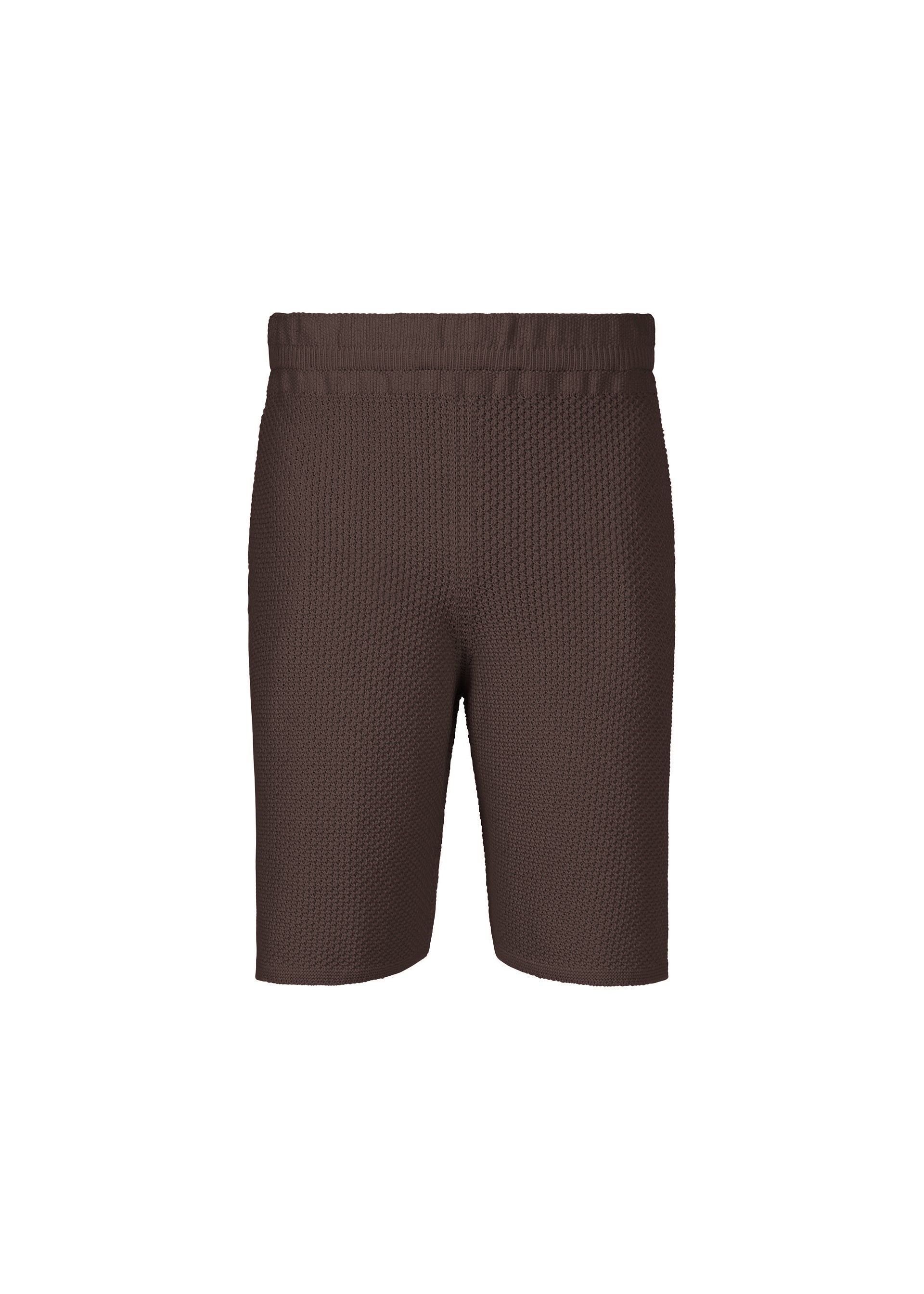 Zoomed view RUSTIC KNIT shorts by HOMME PLISSÉ ISSEY MIYAKE feature a brown waffle-knit texture and elastic waistband. Displayed on a white background, they have a signature look with no visible pockets or logos. - BROWN （no.44）