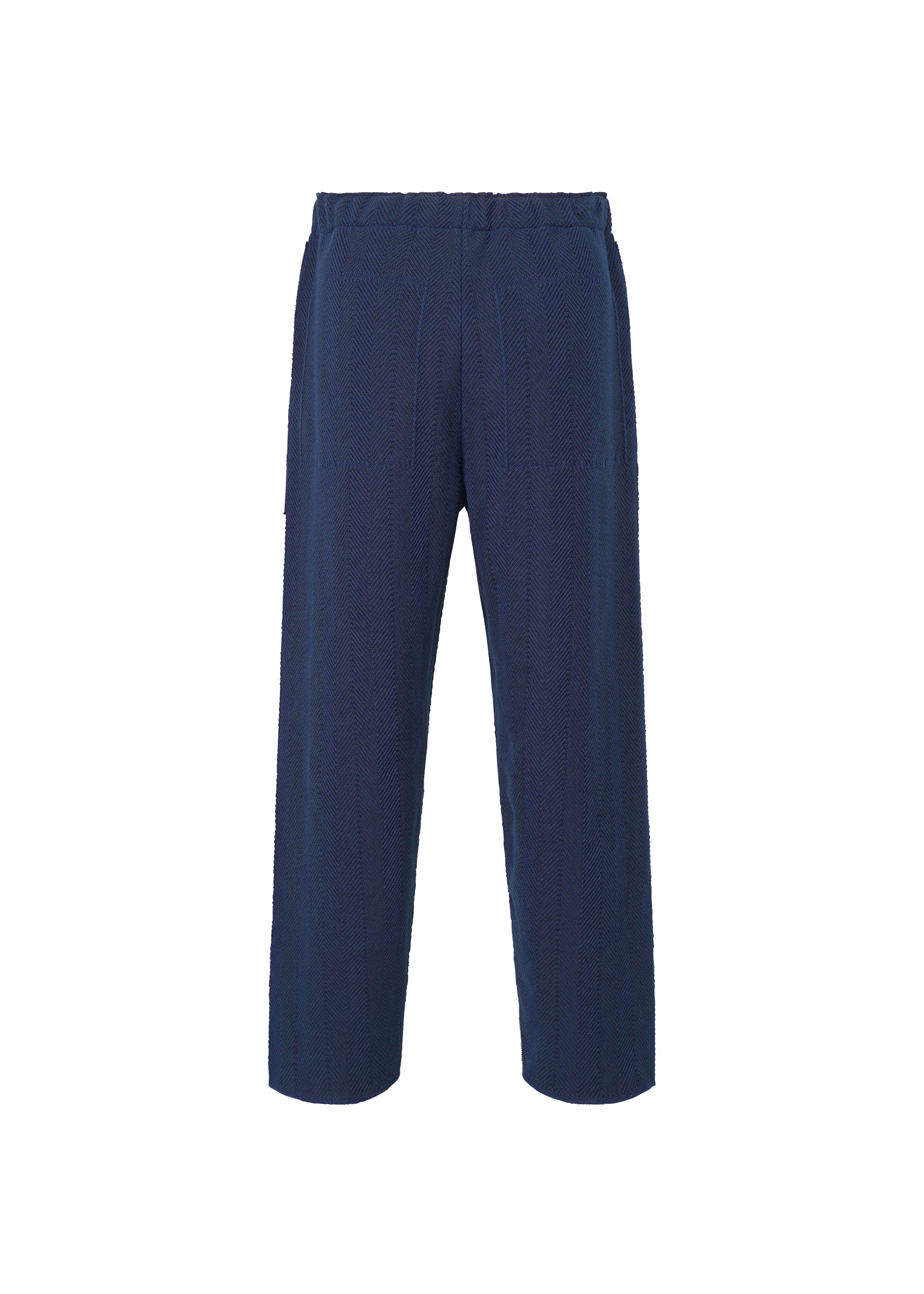 Zoomed view The INLAID KNIT pants by HOMME PLISSÉ ISSEY MIYAKE are navy blue with a lightweight, structured design, elastic waistband, straight-leg cut, and subtle vertical seam details, shown against a white background.