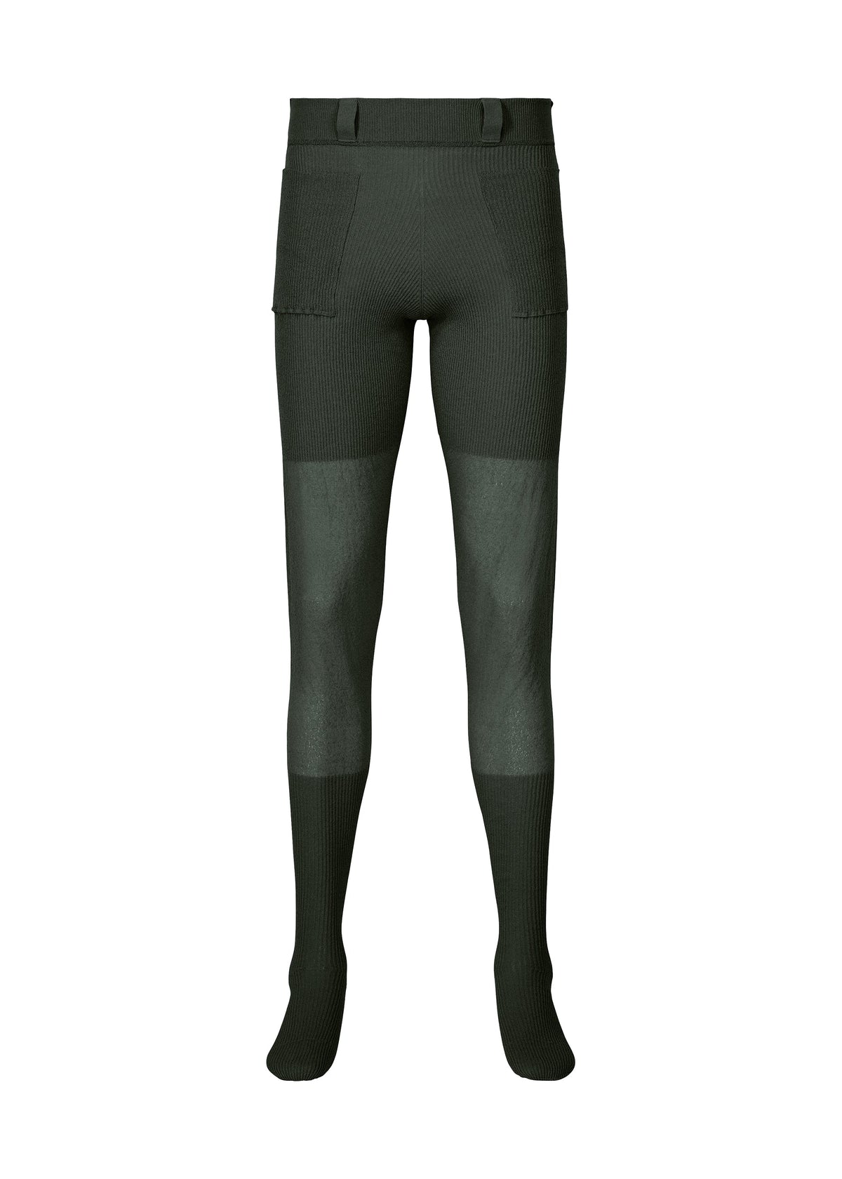 The KNIT UNRAVELED by HOMME PLISSÉ ISSEY MIYAKE features dark green ribbed knit leggings with a high waist, wide waistband, hip patch pockets, and solid color panels for comfort and style. view 1 of 8