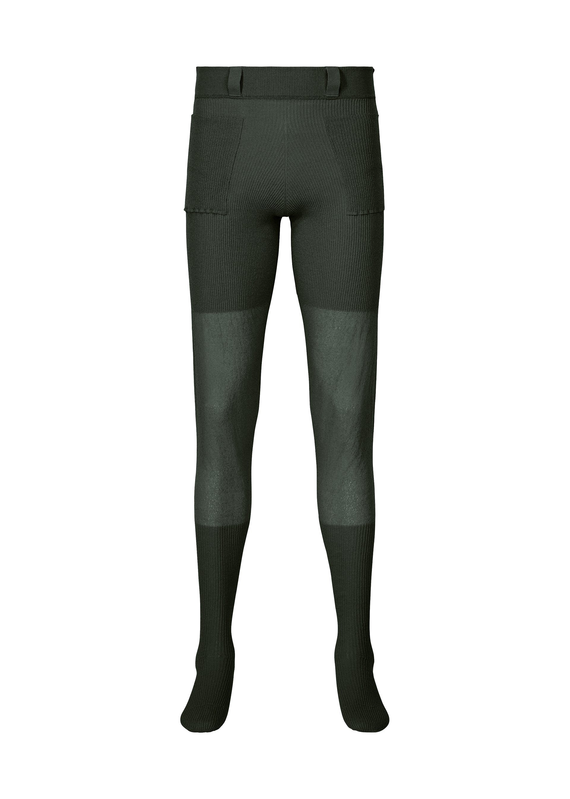 Zoomed view The KNIT UNRAVELED by HOMME PLISSÉ ISSEY MIYAKE features dark green ribbed knit leggings with a high waist, wide waistband, hip patch pockets, and solid color panels for comfort and style. - BLACK （no.15）