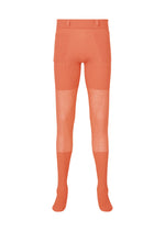 The KNIT UNRAVELED tights by HOMME PLISSÉ ISSEY MIYAKE feature bright orange knit fabric, a high waistband, front patch pockets, and semi-sheer panels at the thighs and knees, shown on a plain white background. - SALMON ORANGE （no.36）