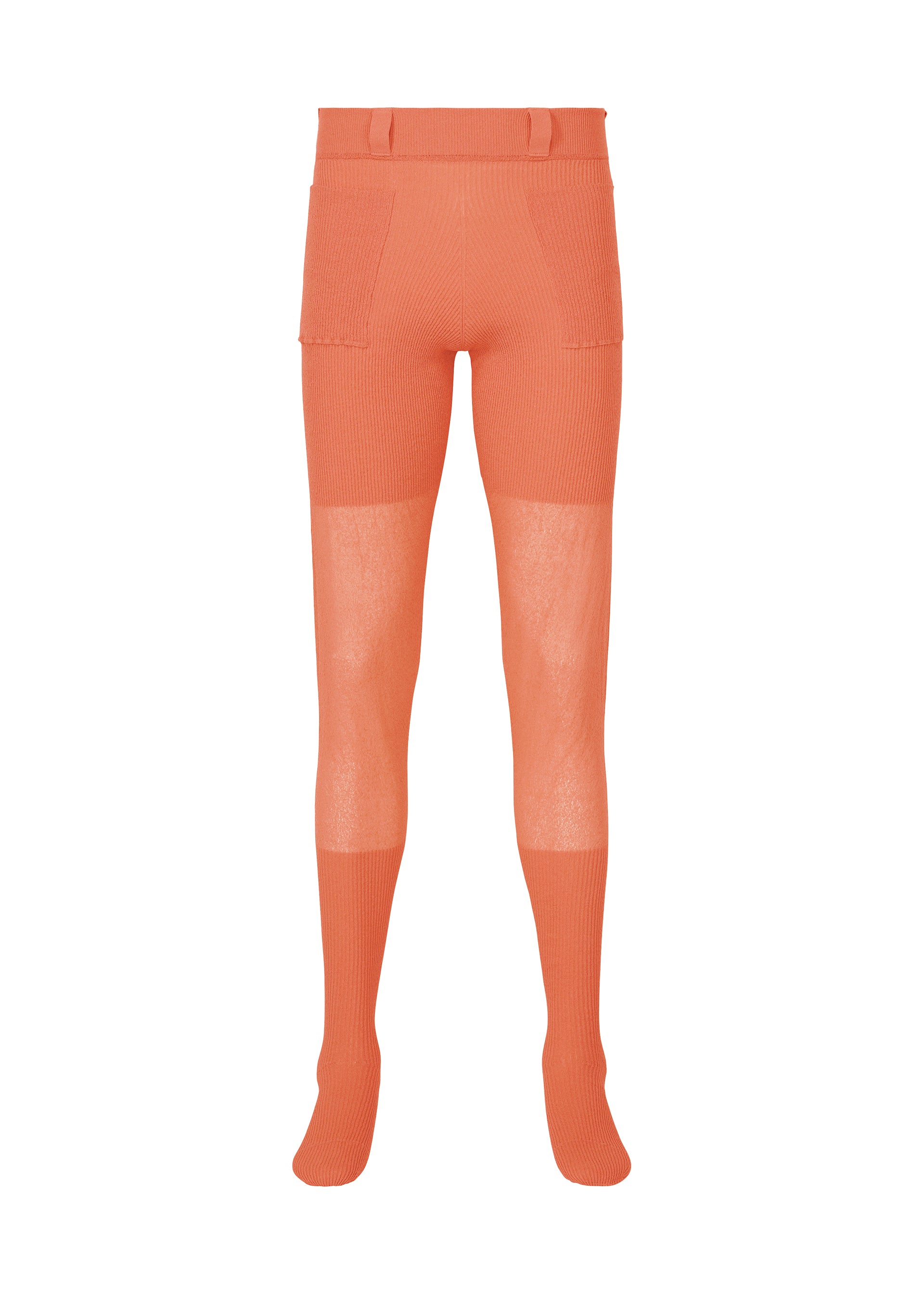 Zoomed view The KNIT UNRAVELED tights by HOMME PLISSÉ ISSEY MIYAKE feature bright orange knit fabric, a high waistband, front patch pockets, and semi-sheer panels at the thighs and knees, shown on a plain white background. - SALMON ORANGE （no.36）