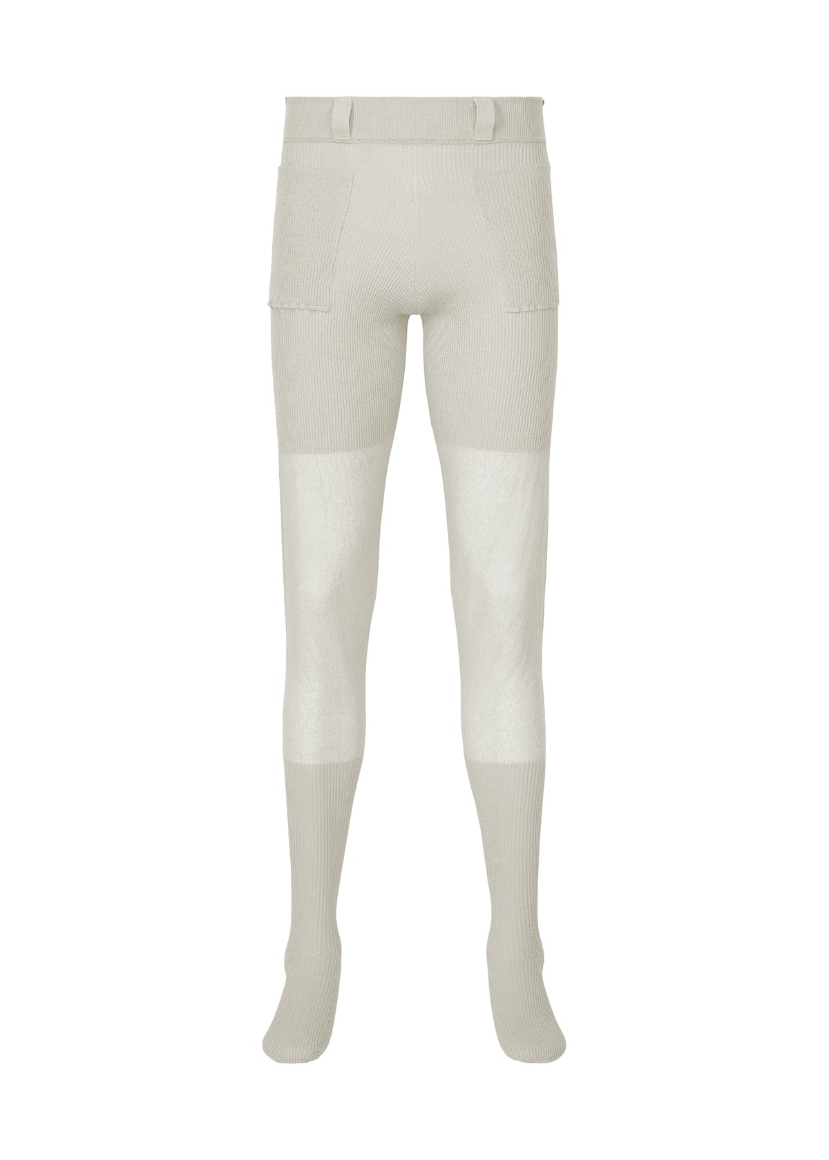 The KNIT UNRAVELED pants by HOMME PLISSÉ ISSEY MIYAKE are light beige ribbed knit trousers with patch pockets and built-in feet, shown against a plain white background. view 3 of 8