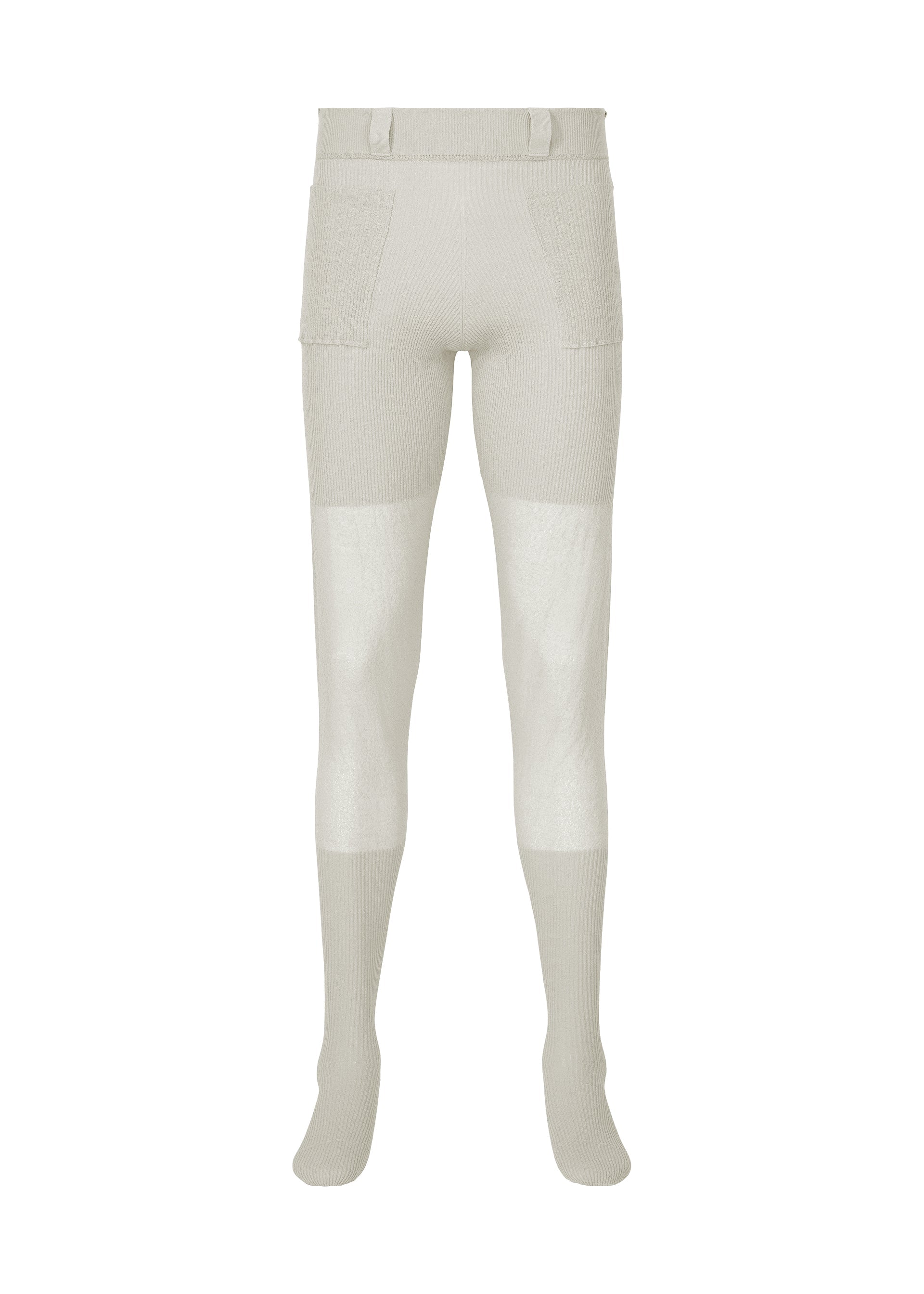 Zoomed view The KNIT UNRAVELED pants by HOMME PLISSÉ ISSEY MIYAKE are light beige ribbed knit trousers with patch pockets and built-in feet, shown against a plain white background. - BEIGE （no.40）