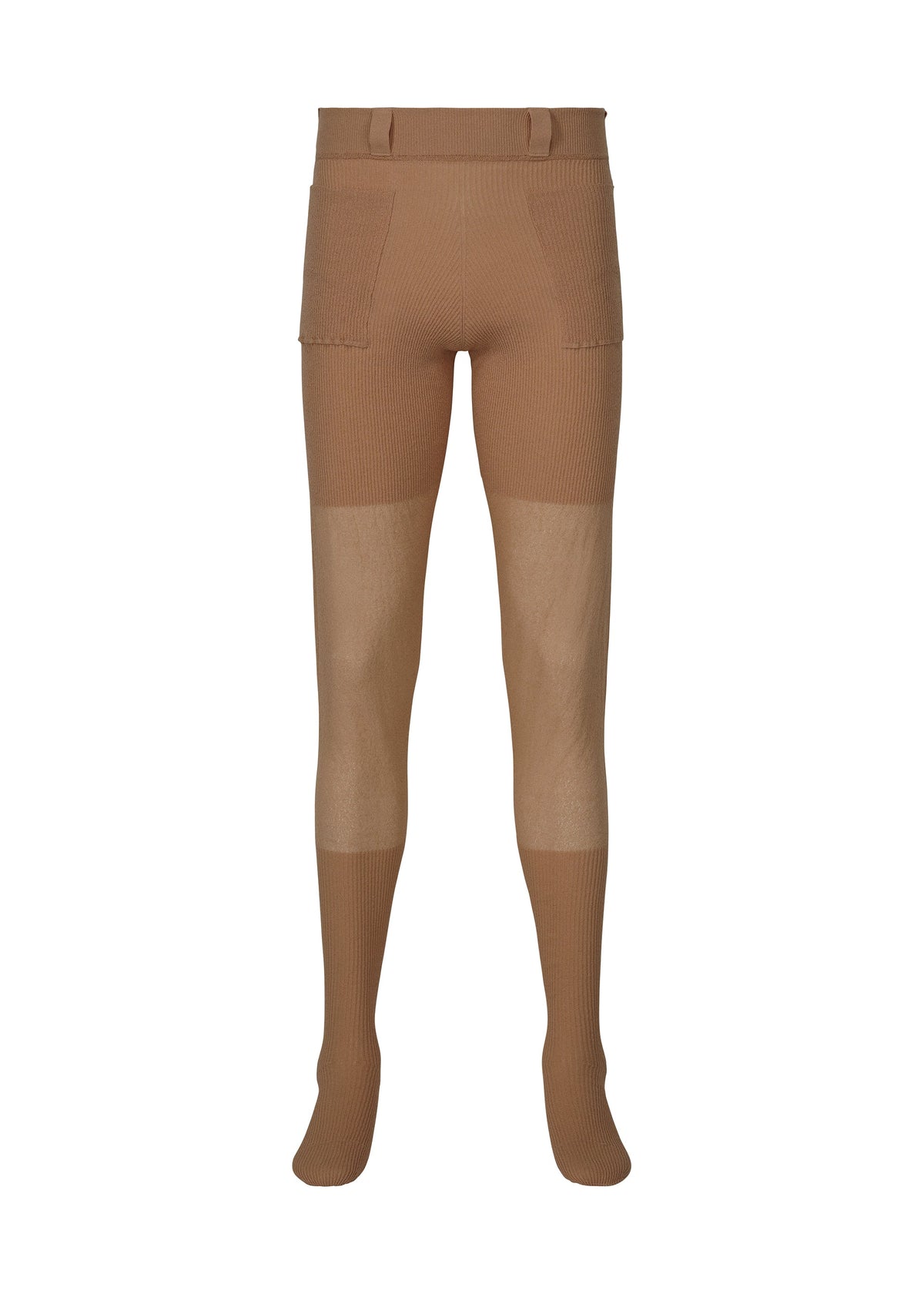 The KNIT UNRAVELED leggings by HOMME PLISSÉ ISSEY MIYAKE feature brown ribbed knit fabric, attached socks, two front pockets, lighter beige knee panels, and a high waistband. Shown on a white background. view 4 of 8