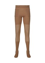 The KNIT UNRAVELED leggings by HOMME PLISSÉ ISSEY MIYAKE feature brown ribbed knit fabric, attached socks, two front pockets, lighter beige knee panels, and a high waistband. Shown on a white background. - BROWN （no.44）
