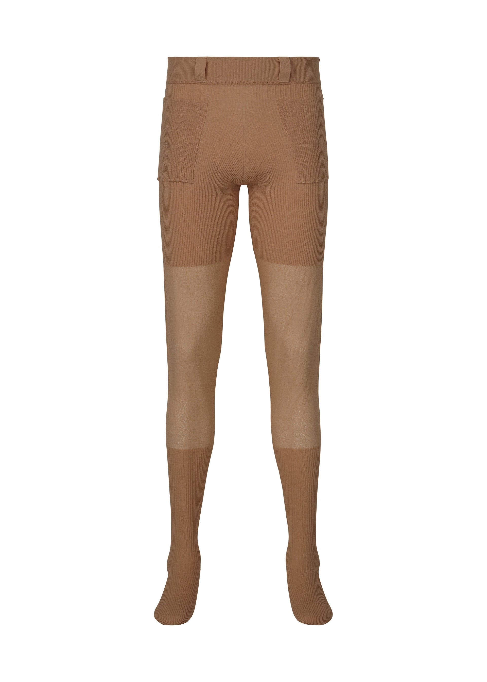 Zoomed view The KNIT UNRAVELED leggings by HOMME PLISSÉ ISSEY MIYAKE feature brown ribbed knit fabric, attached socks, two front pockets, lighter beige knee panels, and a high waistband. Shown on a white background. - BROWN （no.44）