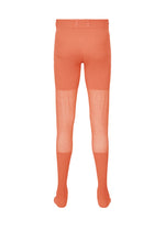 Back view of KNIT UNRAVELED orange ribbed knit de knit tights by HOMME PLISSÉ ISSEY MIYAKE, featuring a waistband and foot coverings, displayed on a plain white background.