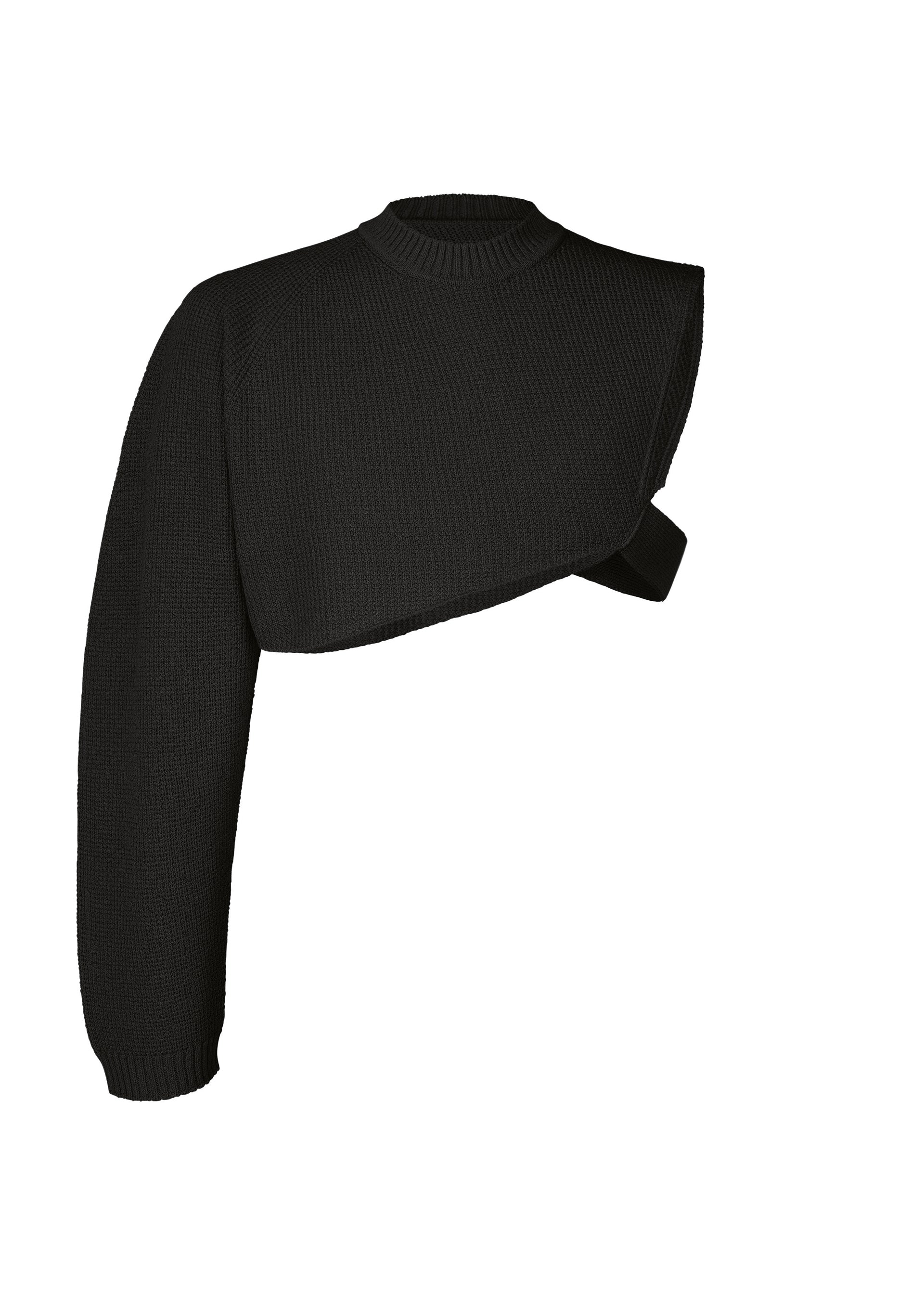 Zoomed view The WAFER KNIT top by HOMME PLISSÉ ISSEY MIYAKE is a black, asymmetrical waffle knit featuring one long sleeve and an angled, cropped cut—ideal for edgy layered styles. Shown on a white background. - BLACK （no.15）