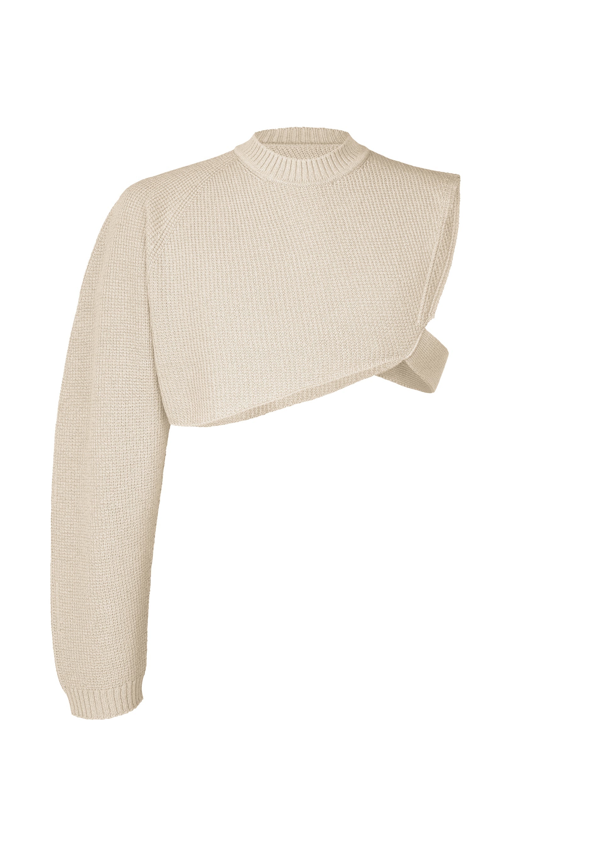 Zoomed view The WAFER KNIT by HOMME PLISSÉ ISSEY MIYAKE is a beige asymmetrical top with one long sleeve, an angular cropped cut, and a body strap—exposing the right shoulder for standout, layered style. - IVORY （no.41）