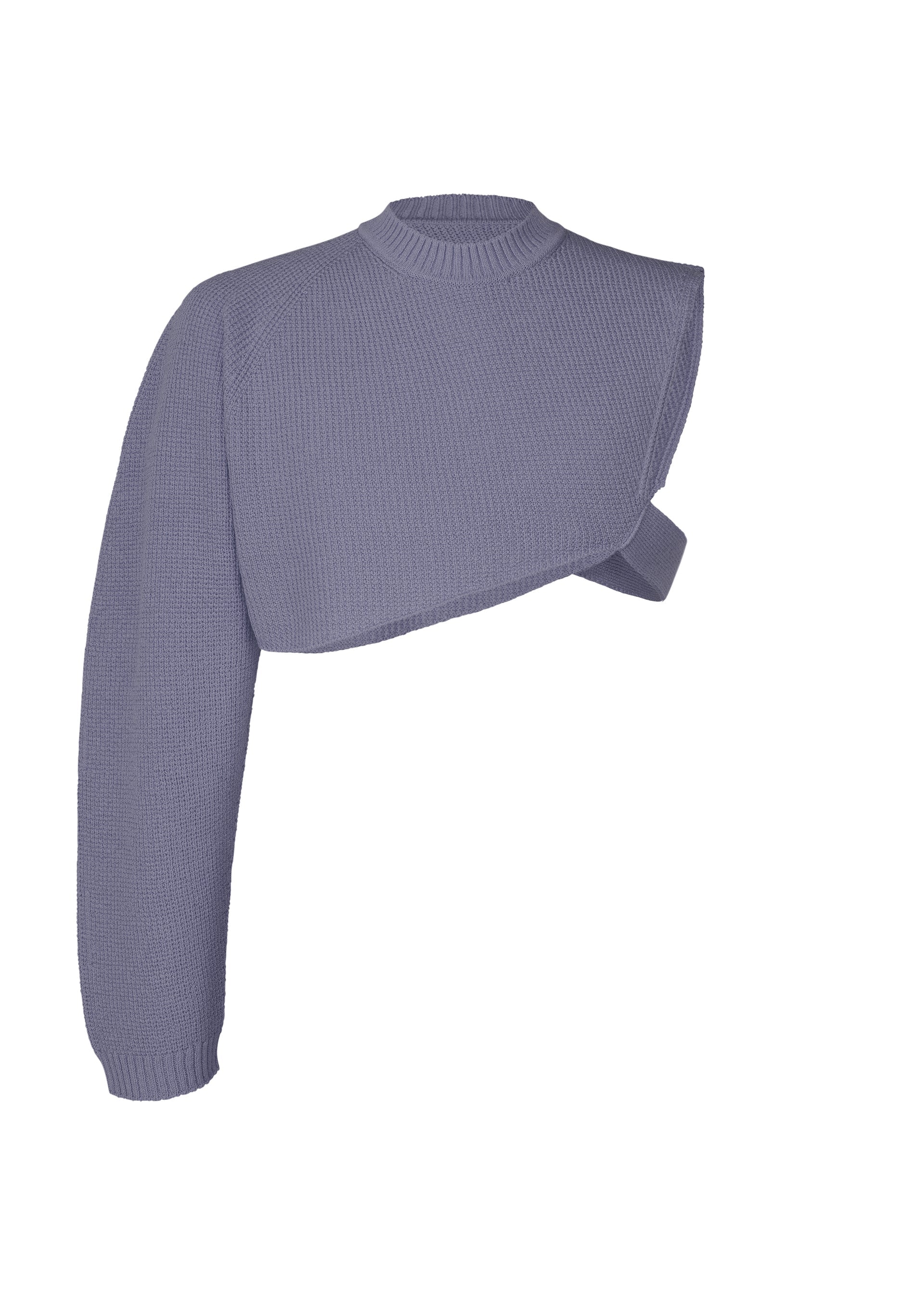 Zoomed view The WAFER KNIT top by HOMME PLISSÉ ISSEY MIYAKE features a lavender waffle knit, an asymmetrical cropped cut with one long left sleeve, and exposes the right shoulder—ideal for chic, layered styling. - LAVENDER （no.83）