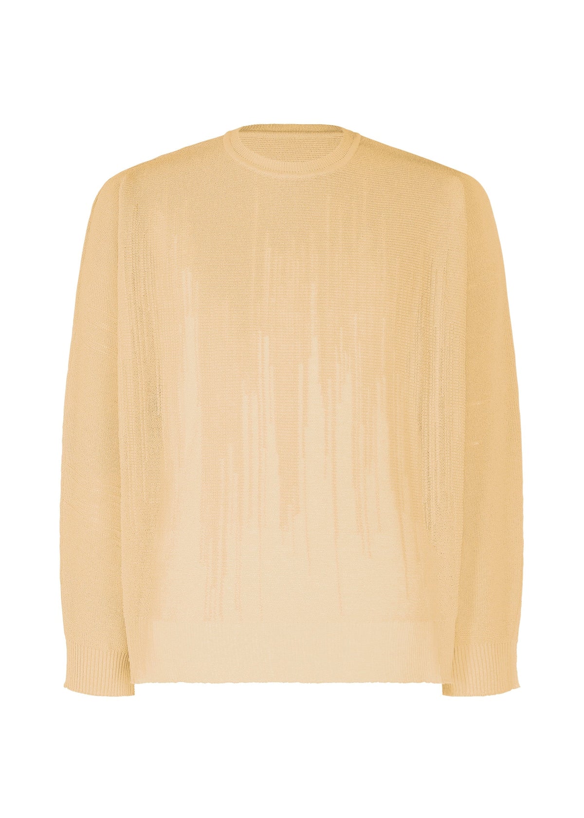 The BRUSH CLOSE-UP KNIT by HOMME PLISSÉ ISSEY MIYAKE is a beige sheer top with long sleeves, ribbed cuffs, and a round neckline. It features a subtle vertical pattern and lightweight texture made from extra-long-staple cotton. view 1 of 7