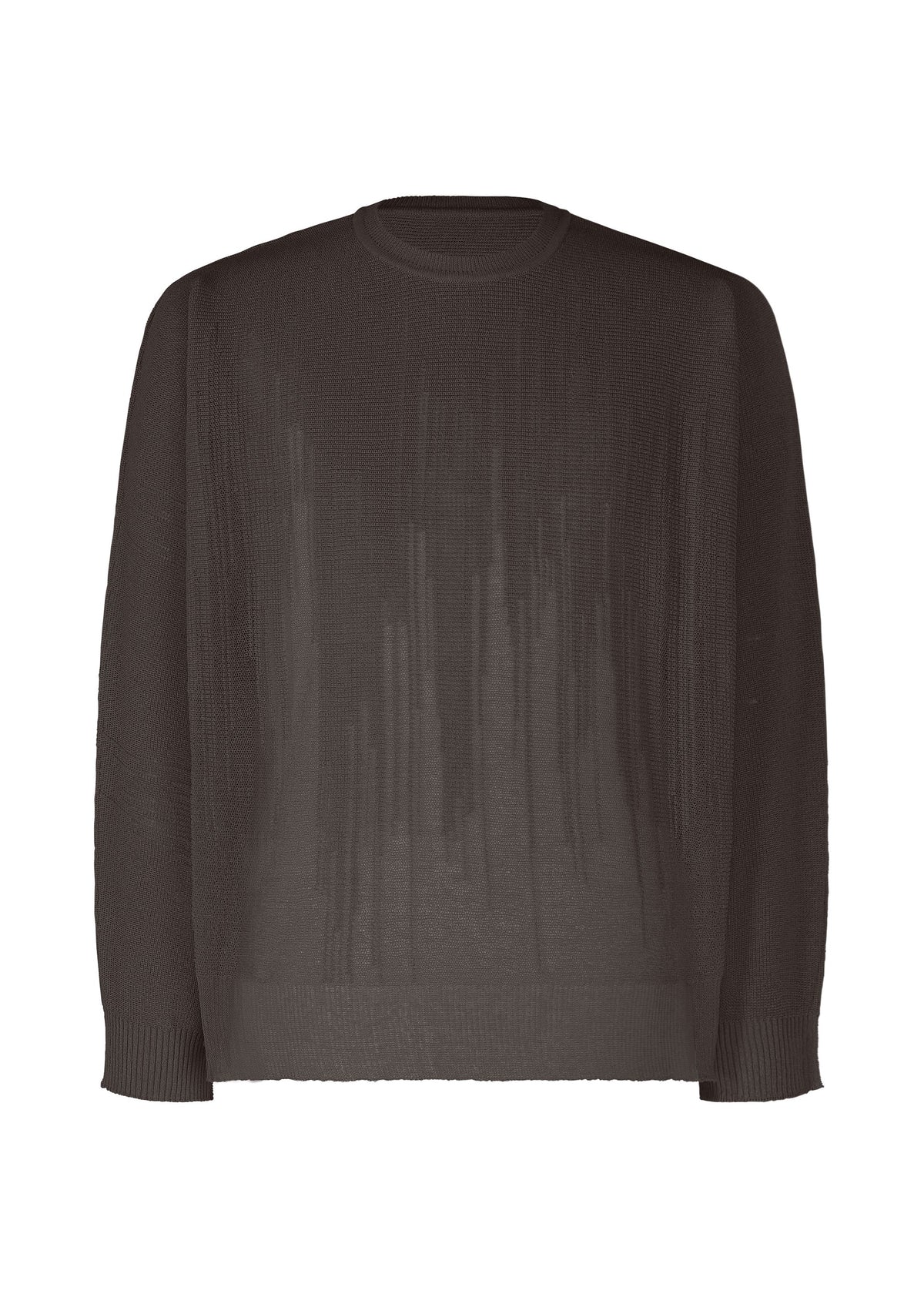 The BRUSH CLOSE-UP KNIT by HOMME PLISSÉ ISSEY MIYAKE is a sheer, long-sleeved crewneck top made from extra-long-staple cotton with ribbed cuffs and hem, shown against a white background. view 2 of 7