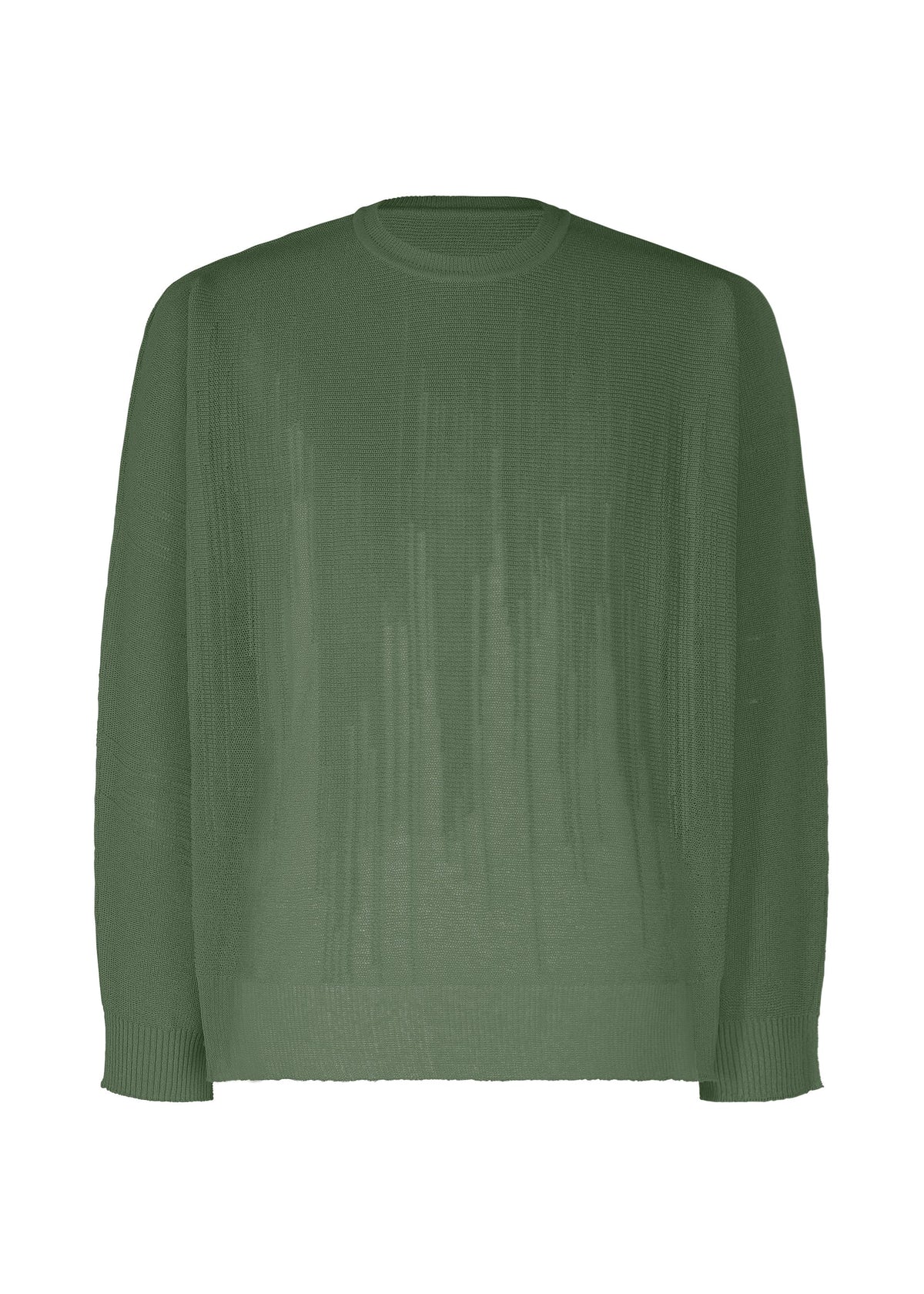 The BRUSH CLOSE-UP KNIT by HOMME PLISSÉ ISSEY MIYAKE is a green, long-sleeved crewneck top made from extra-long-staple cotton with a subtle vertical textured pattern, shown on a plain white background. view 3 of 7