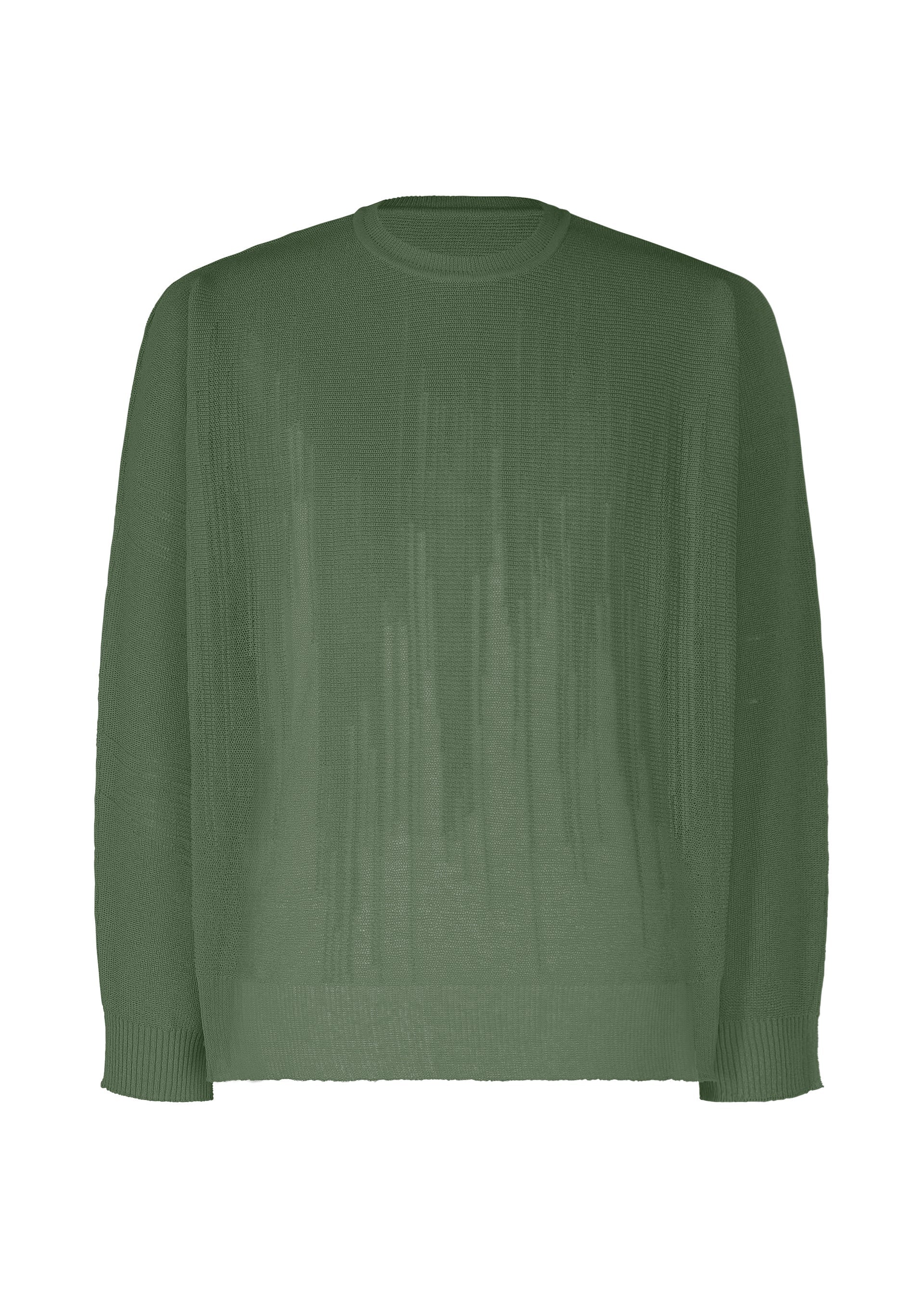 Zoomed view The BRUSH CLOSE-UP KNIT by HOMME PLISSÉ ISSEY MIYAKE is a green, long-sleeved crewneck top made from extra-long-staple cotton with a subtle vertical textured pattern, shown on a plain white background. - GREEN （no.62）