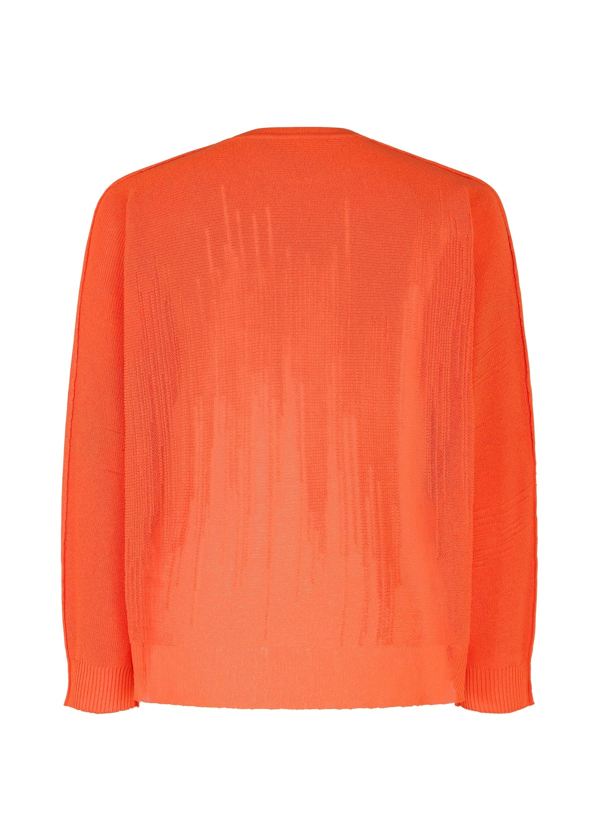 The BRUSH CLOSE-UP KNIT by HOMME PLISSÉ ISSEY MIYAKE is a bright orange, long-sleeved top shown from the back, with a vertical textured pattern and ribbed cuffs and hem, made from extra-long-staple cotton for softness. view 4 of 7