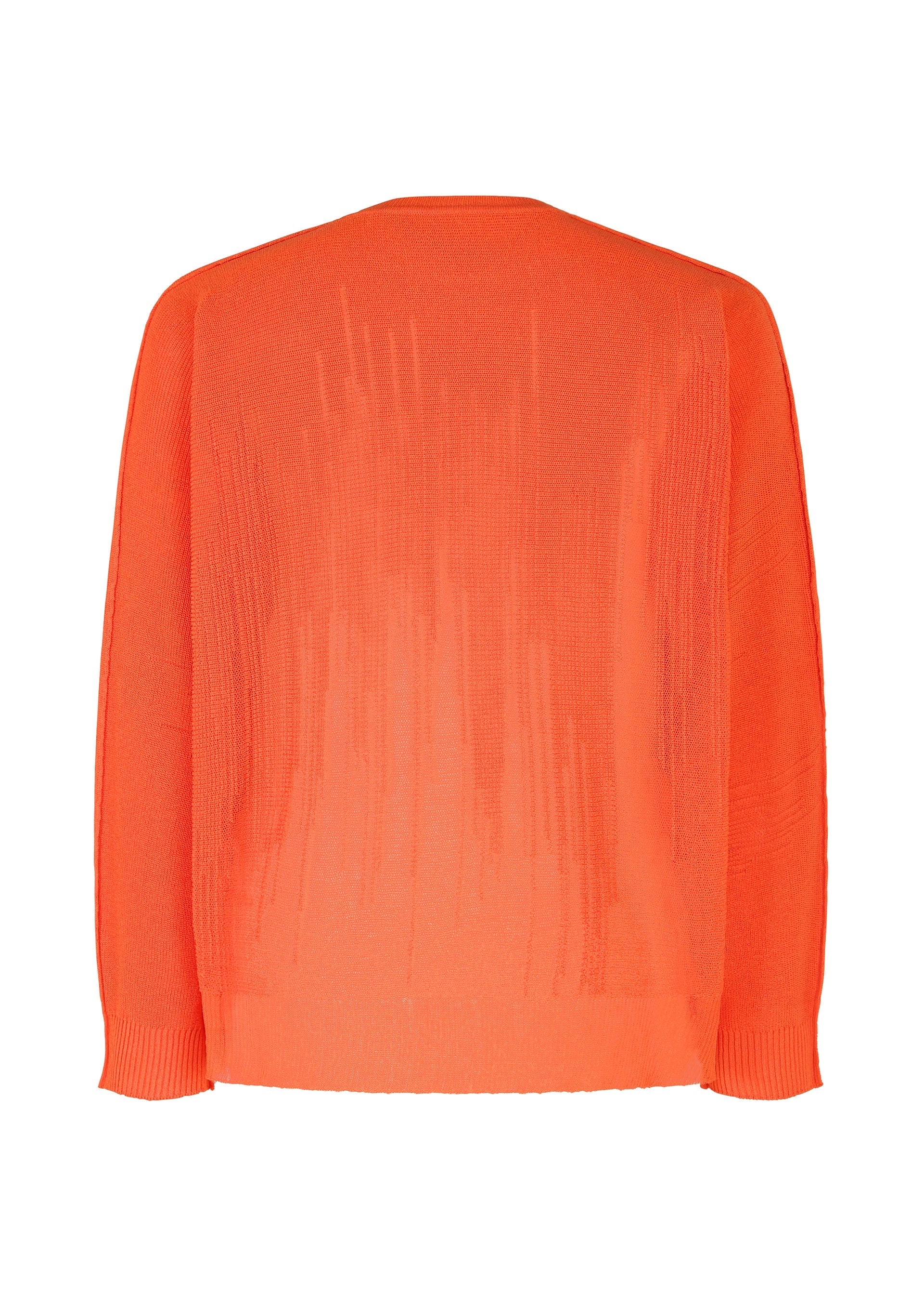 Zoomed view The BRUSH CLOSE-UP KNIT by HOMME PLISSÉ ISSEY MIYAKE is a bright orange, long-sleeved top shown from the back, with a vertical textured pattern and ribbed cuffs and hem, made from extra-long-staple cotton for softness.