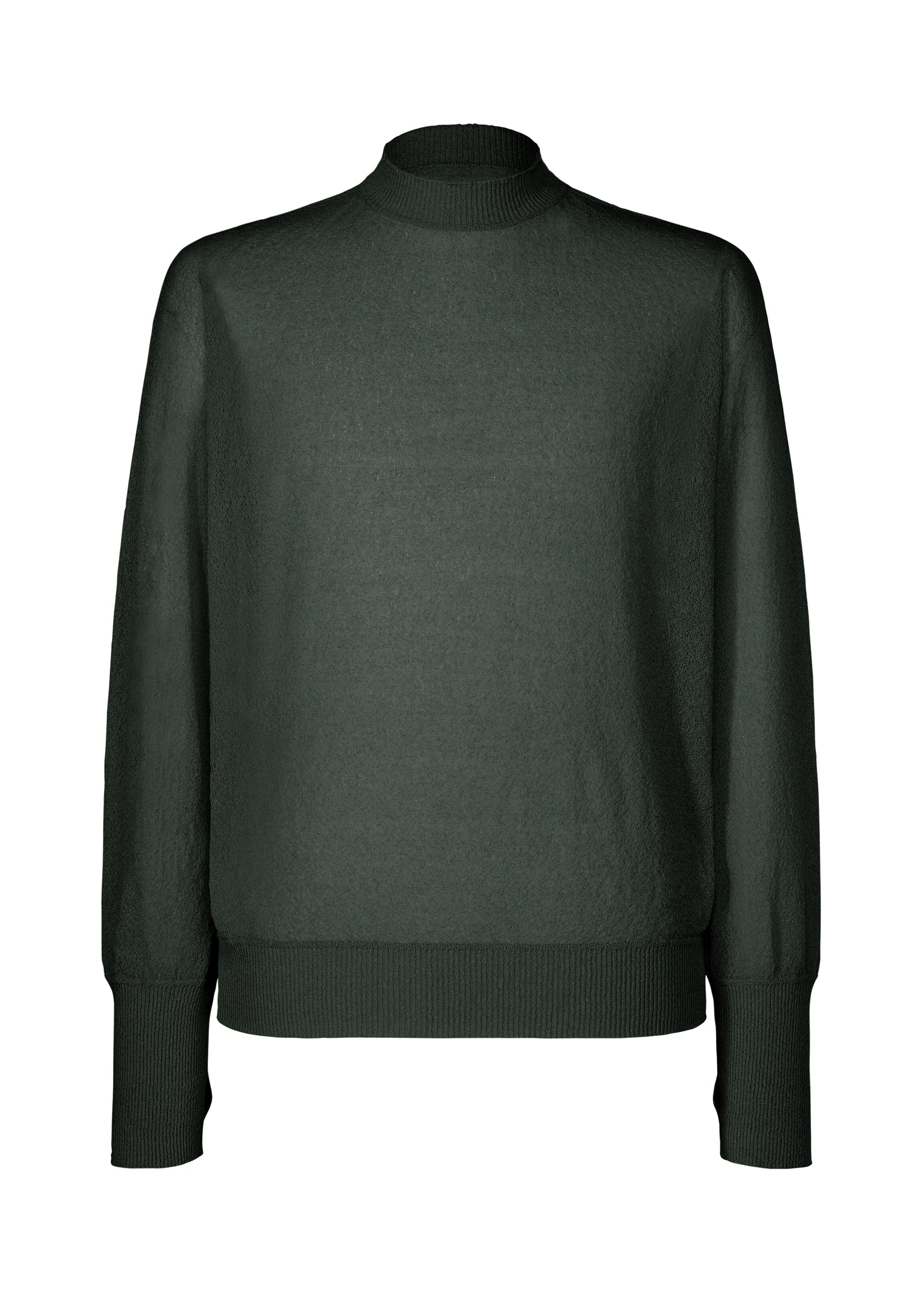 Zoomed view The KNIT UNRAVELED by HOMME PLISSÉ ISSEY MIYAKE is a dark green, long-sleeved sweater with a high crew neckline, ribbed cuffs, and hem, shown on a plain white background. - BLACK （no.15）