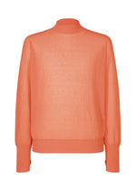 The KNIT UNRAVELED by HOMME PLISSÉ ISSEY MIYAKE is a coral, sheer knit top with long sleeves, mock neck, and ribbed cuffs and hem, shown against a white background. - SALMON ORANGE （no.36）