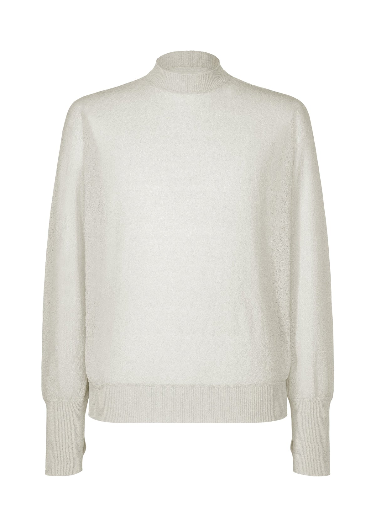 The KNIT UNRAVELED by HOMME PLISSÉ ISSEY MIYAKE is a sheer, light beige round-neck knit top with ribbed cuffs, hem, and collar, displayed on a white background. view 3 of 8