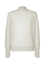 The KNIT UNRAVELED by HOMME PLISSÉ ISSEY MIYAKE is a sheer, light beige round-neck knit top with ribbed cuffs, hem, and collar, displayed on a white background. - BEIGE （no.40）