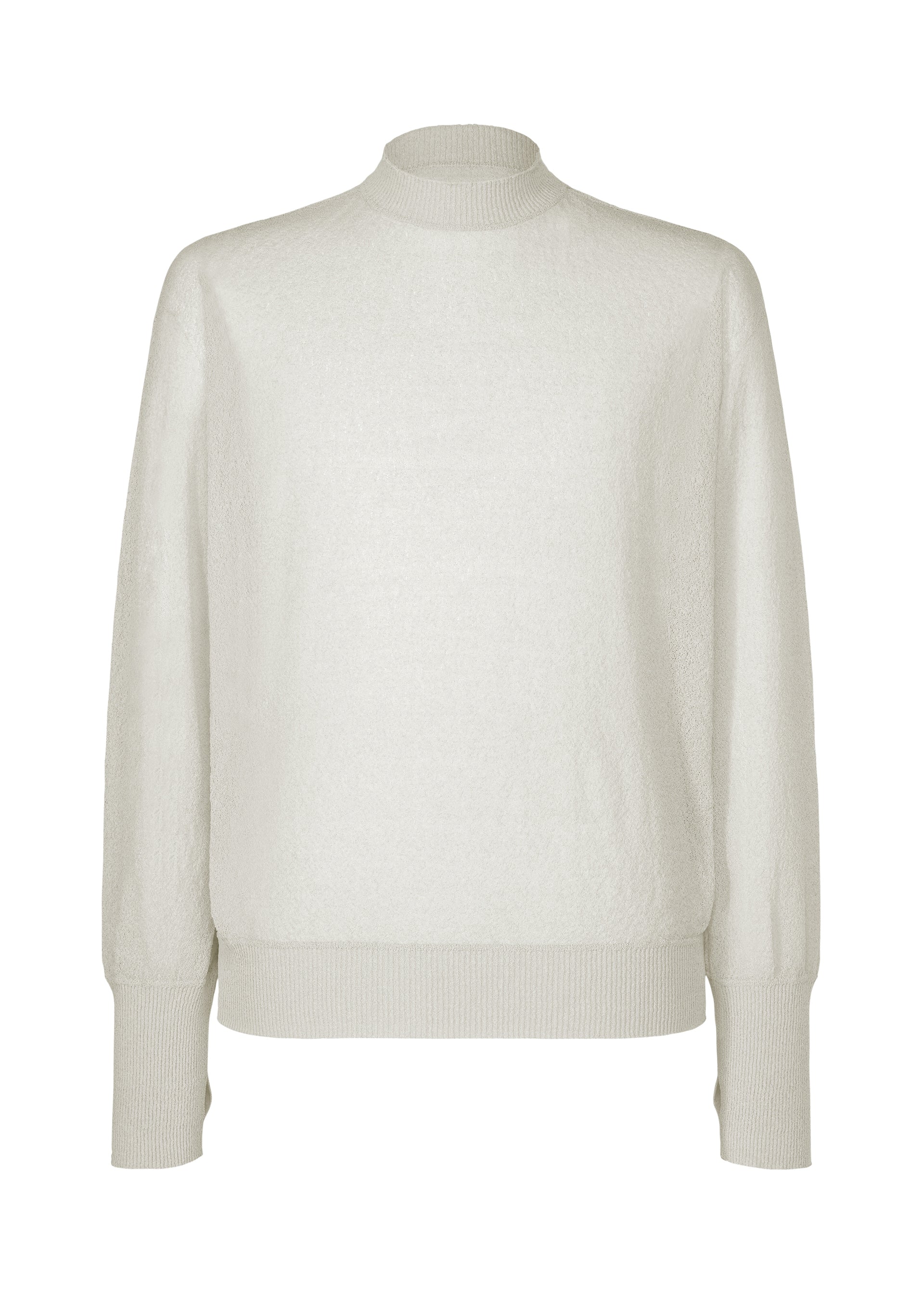 Zoomed view The KNIT UNRAVELED by HOMME PLISSÉ ISSEY MIYAKE is a sheer, light beige round-neck knit top with ribbed cuffs, hem, and collar, displayed on a white background. - BEIGE （no.40）