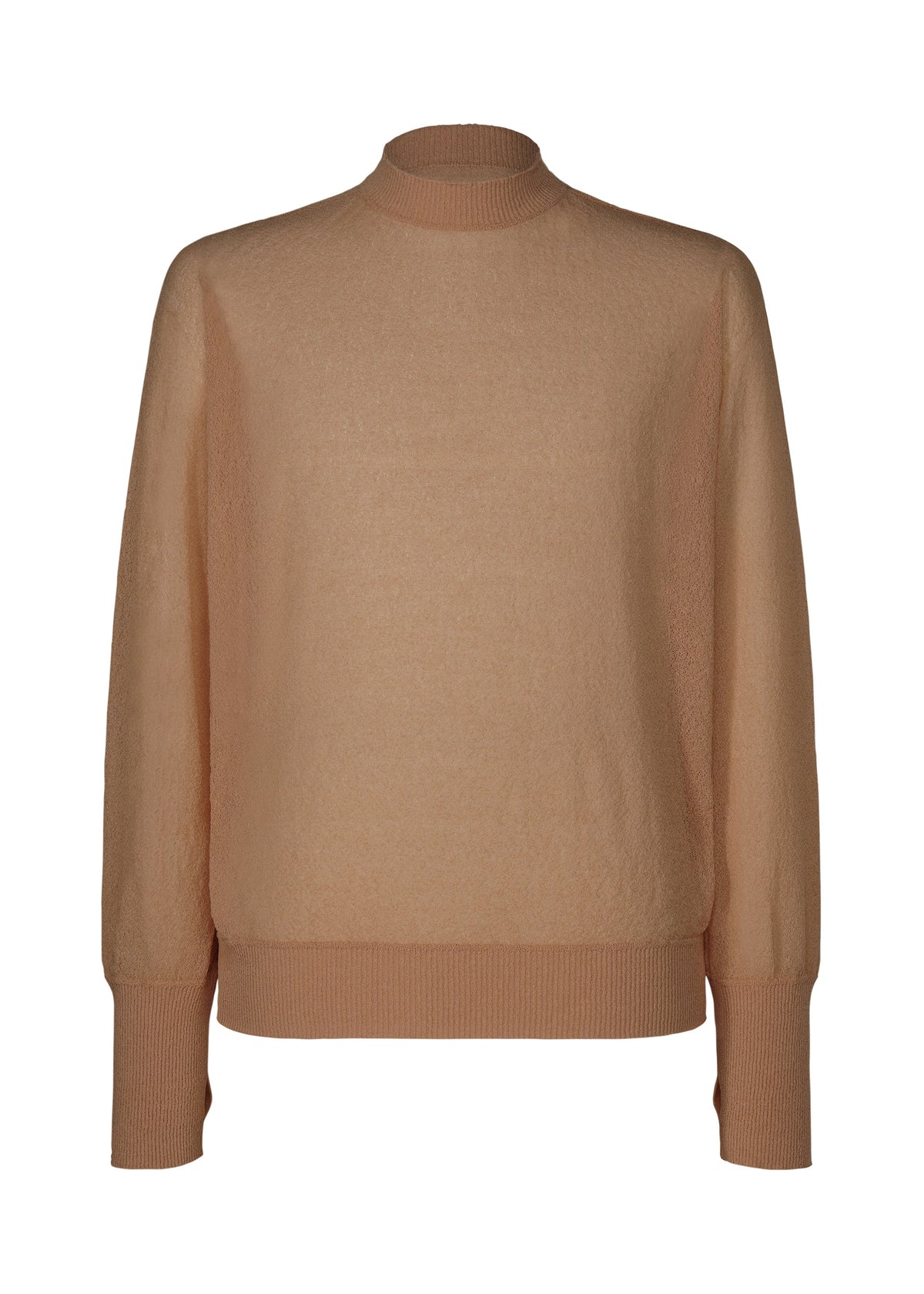 The KNIT UNRAVELED by HOMME PLISSÉ ISSEY MIYAKE is a light brown, long-sleeved sweater with a round mock neck and ribbed cuffs and hem, shown against a white background. view 4 of 8