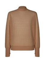 The KNIT UNRAVELED by HOMME PLISSÉ ISSEY MIYAKE is a light brown, long-sleeved sweater with a round mock neck and ribbed cuffs and hem, shown against a white background. - BROWN （no.44）
