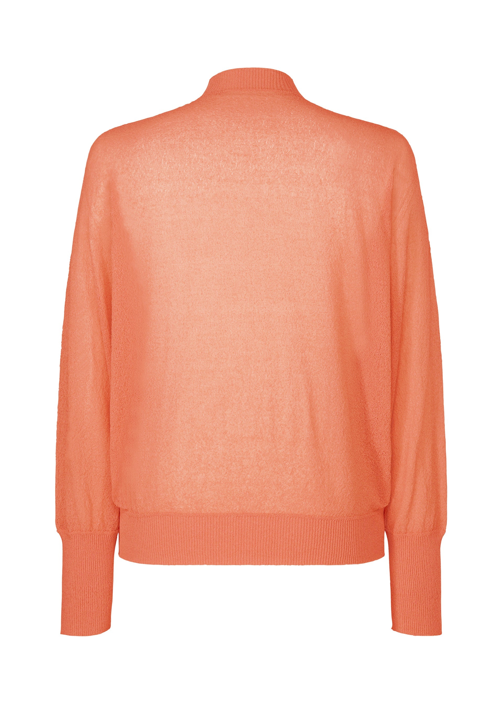 Zoomed view The KNIT UNRAVELED by HOMME PLISSÉ ISSEY MIYAKE is a coral round-neck, long-sleeved sweater shown from the back, featuring ribbed cuffs, waistband, and neckline.