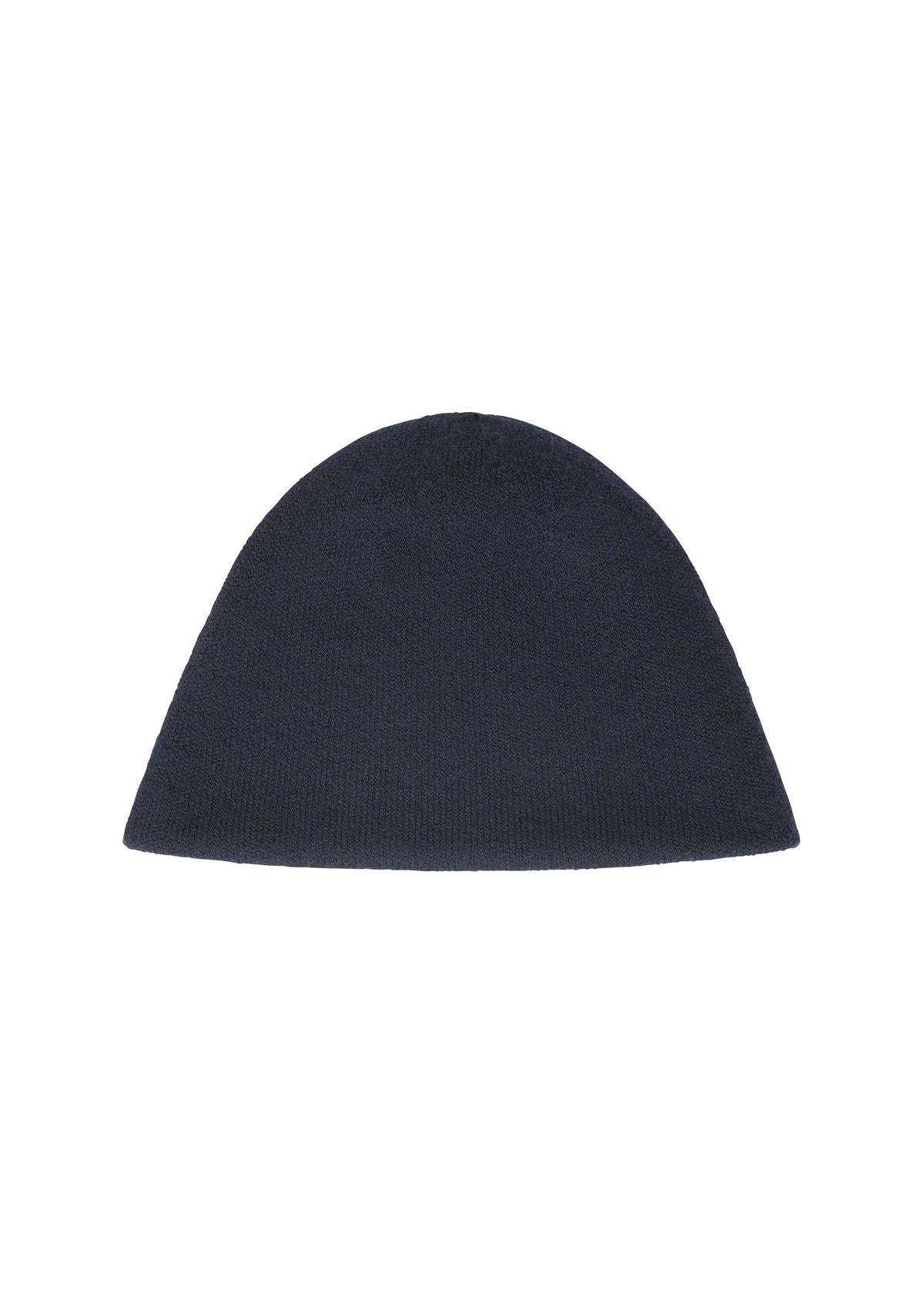 The WINTER GEAR : COLOR BLOCK by HOMME PLISSÉ ISSEY MIYAKE is a cozy, dark navy blue knit beanie hat, shown flat on a white background. view 2 of 5