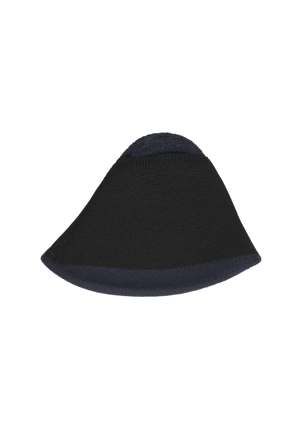 Zoomed view The WINTER GEAR : COLOR BLOCK by HOMME PLISSÉ ISSEY MIYAKE is a black, cone-shaped knitted hat with a wide, upturned brim and warm texture, shown against a white background.