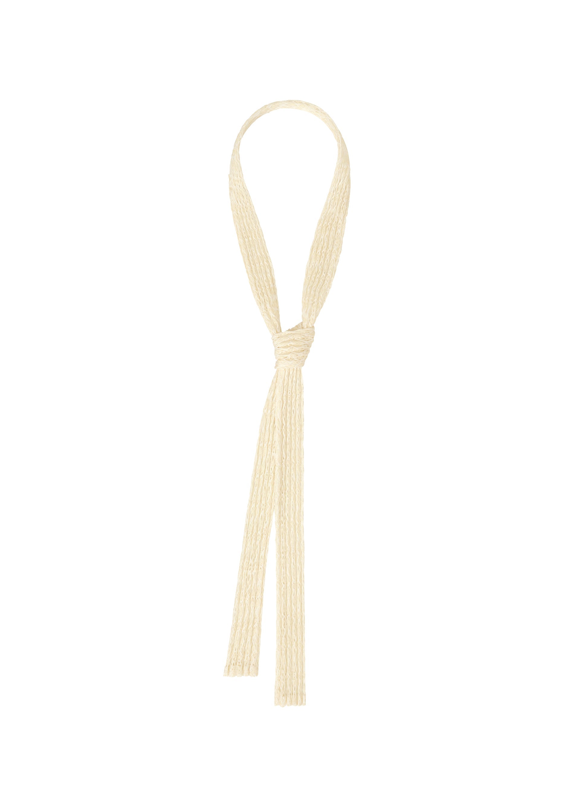 Zoomed view A single MESH PLEATS TIE by HOMME PLISSÉ ISSEY MIYAKE is loosely knotted, resembling a delicate lace necktie, with both ends draping down against a plain white background. - WHITE （no.01）