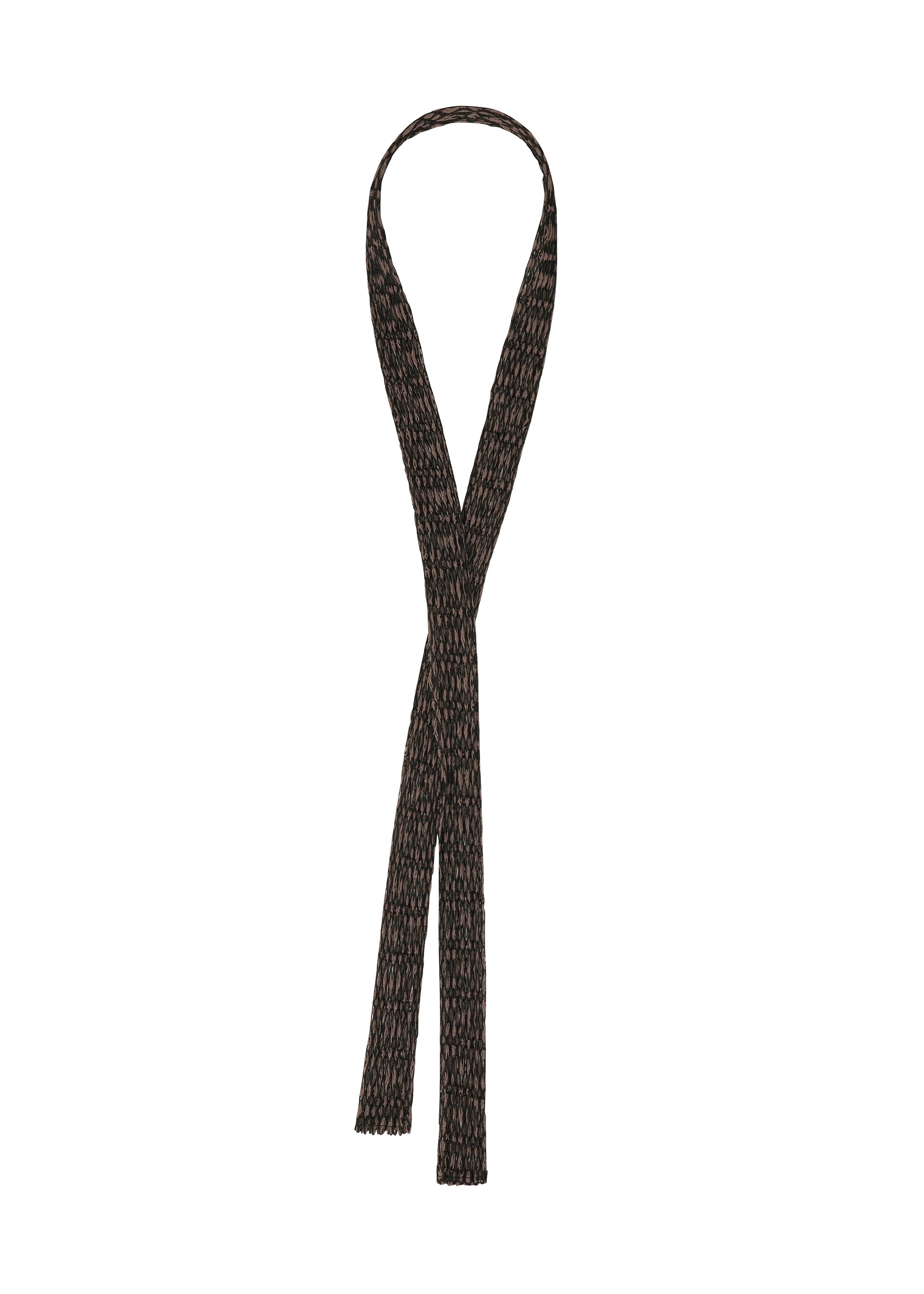 Zoomed view A MESH PLEATS TIE by HOMME PLISSÉ ISSEY MIYAKE, featuring a brown textured soft fabric, is laid flat in a loop with both ends hanging downward against a white background.