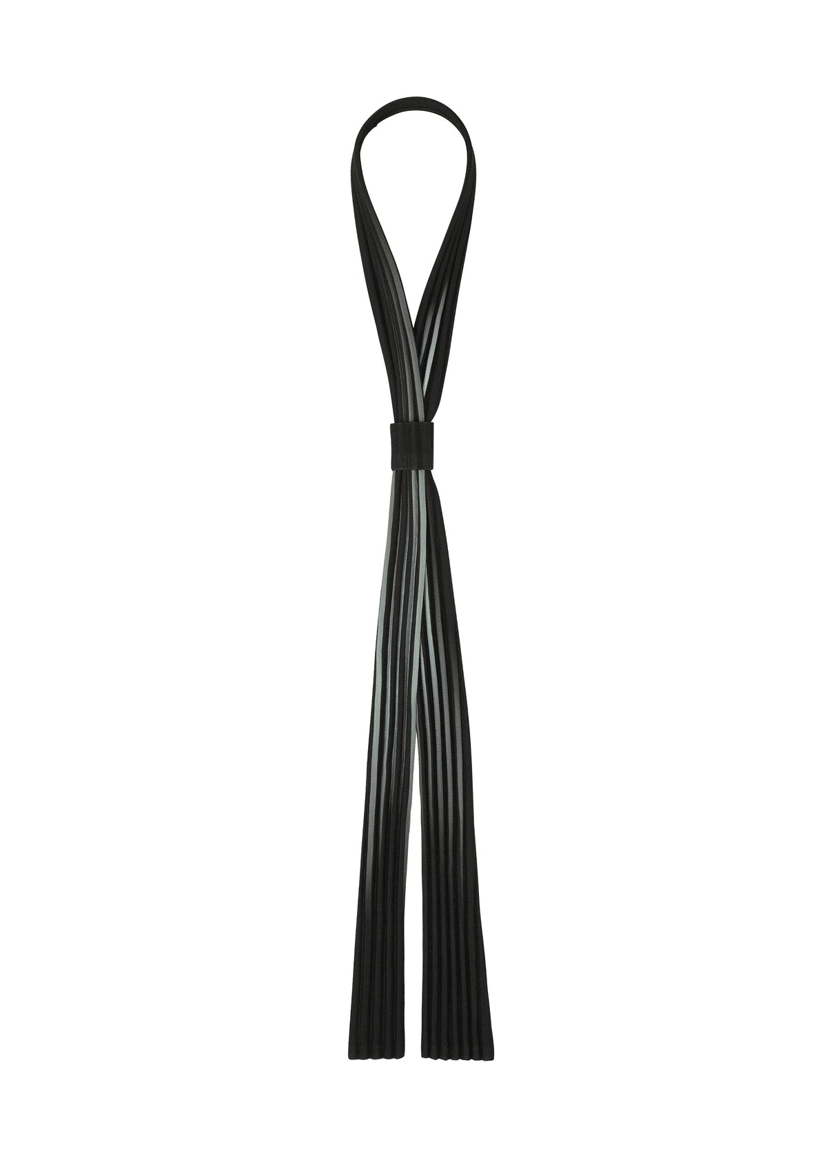 The IN THE SHADOW PLEATS TIE by HOMME PLISSÉ ISSEY MIYAKE features a unique pleated design, resembling a black silicone bundt pan sling with looped handle and flat slotted strips for stylish sophistication. view 1 of 4
