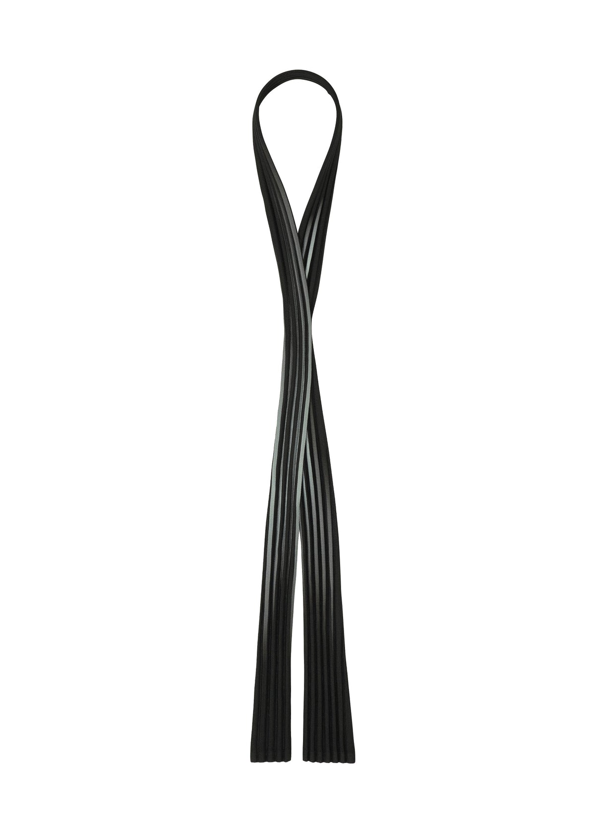 Zoomed view A single IN THE SHADOW PLEATS TIE by HOMME PLISSÉ ISSEY MIYAKE is looped at the top like an optical-illusion necktie, with two straight ends against a white background.